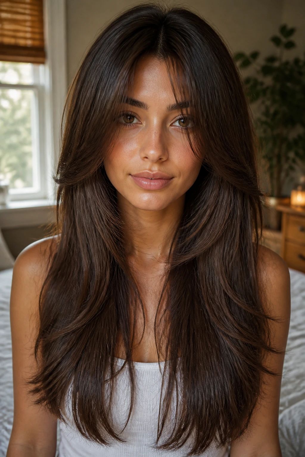 Close-up of a real woman with waterfall layers in thick straight hair