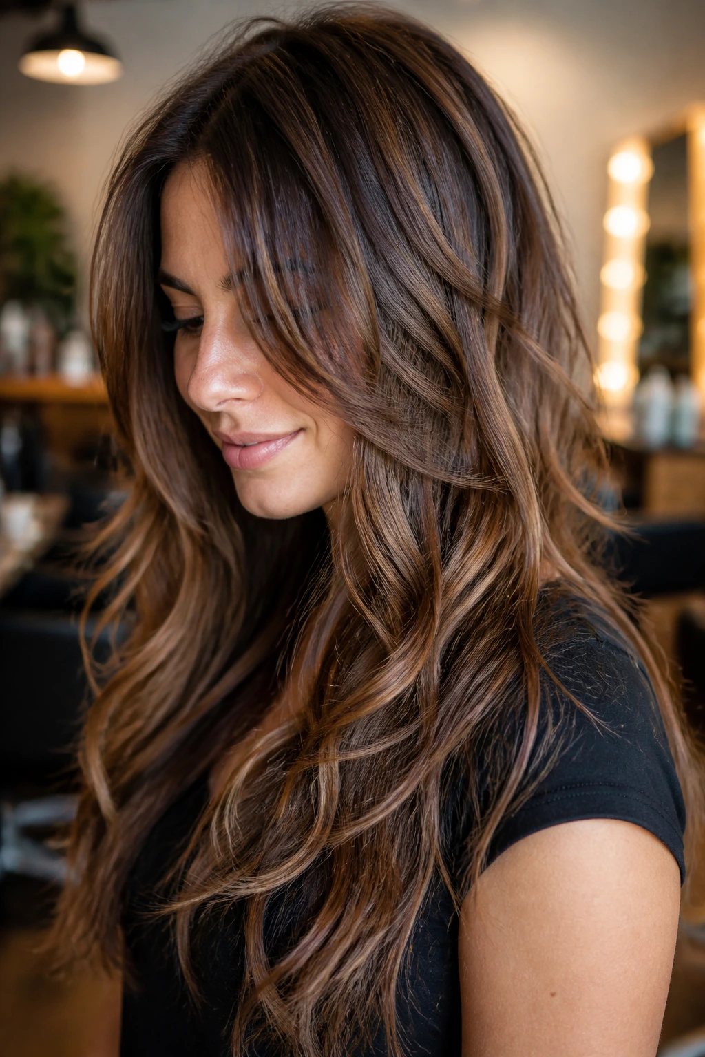 Real person with waterfall layers hairstyle in warm-lit salon