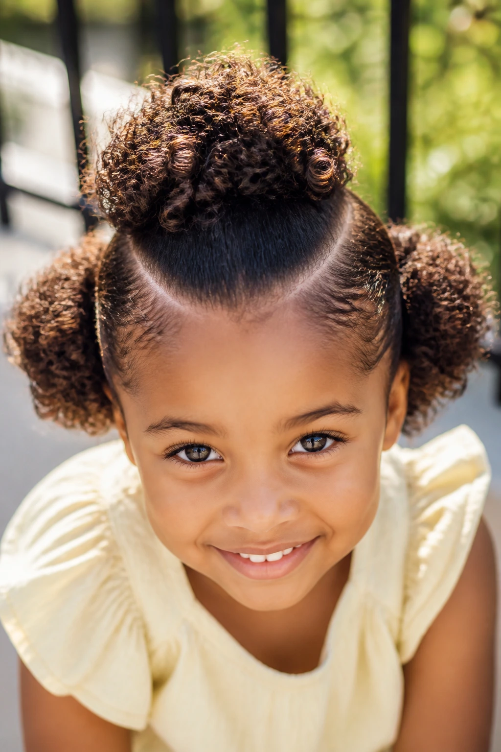 Child with three-section waterfall puffs in bright outdoor light
