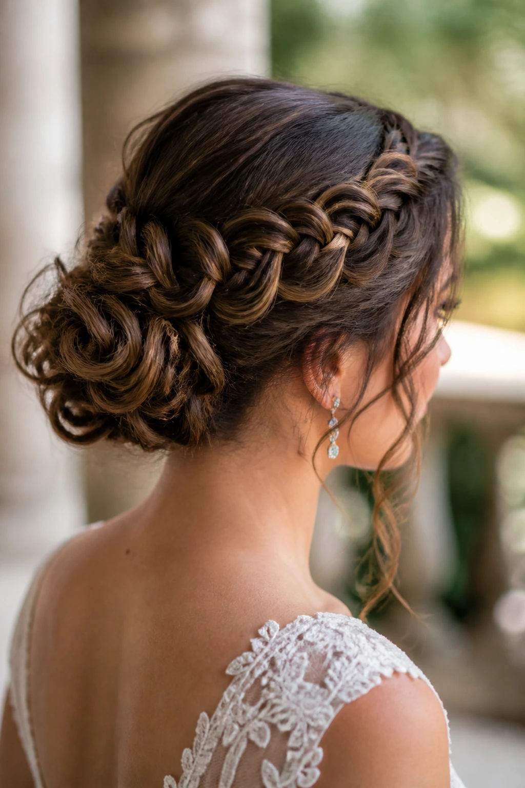 Bride with a waterfall twist braid feeding into a nape bun