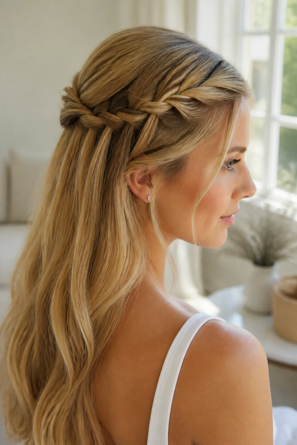 Close-up of a real woman wearing a waterfall twist half-up with twisted crown and loose length.