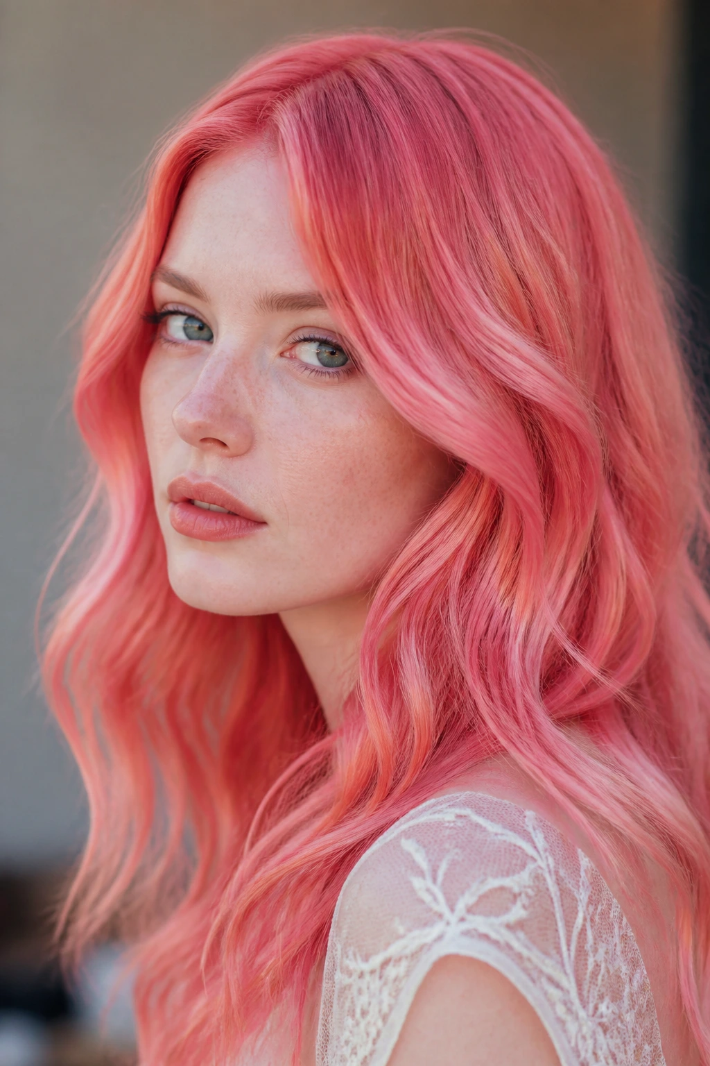 Close-up of watermelon coral tones in hair on a real person