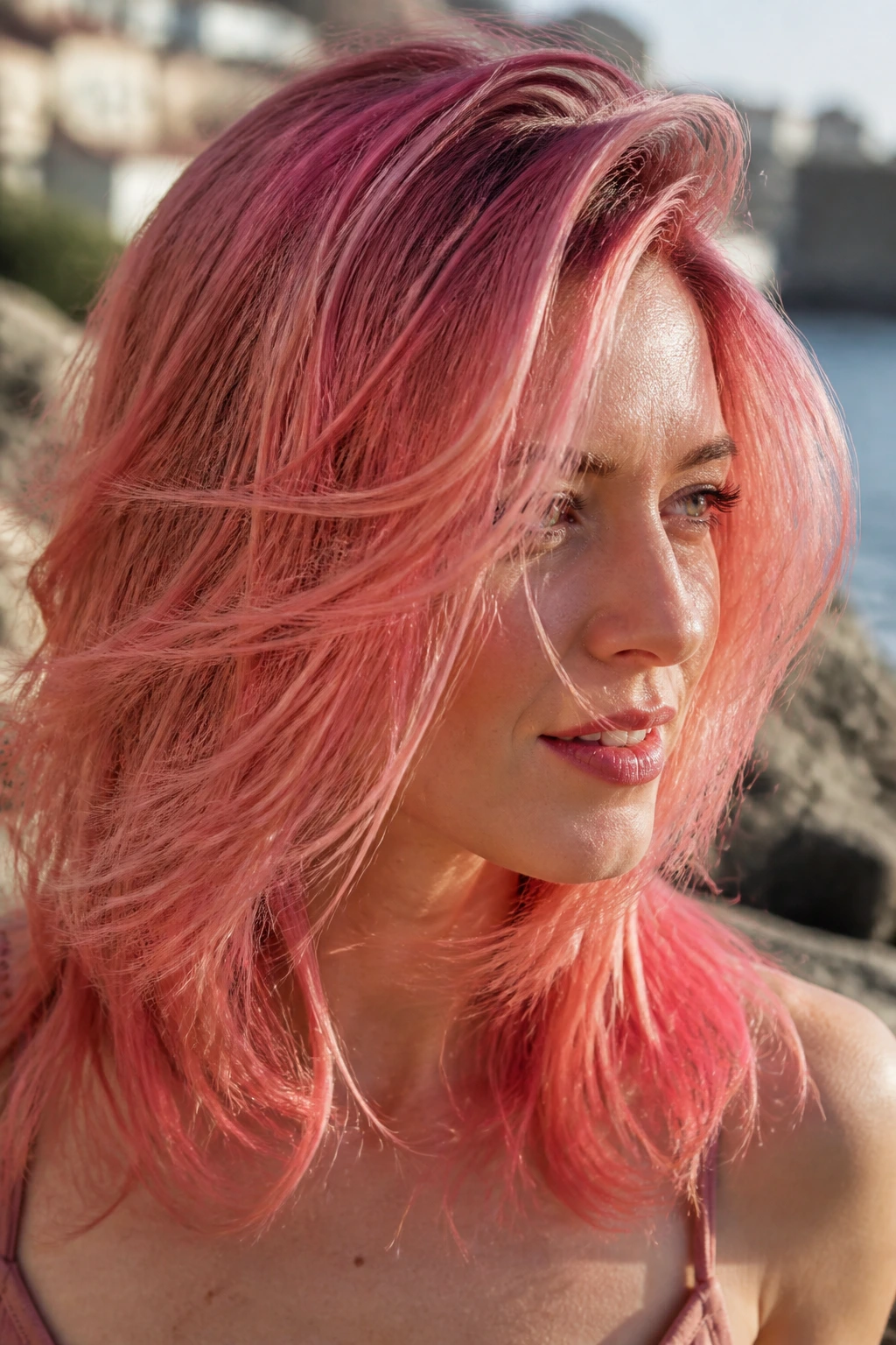 Portrait of a woman with watermelon pink layered hair