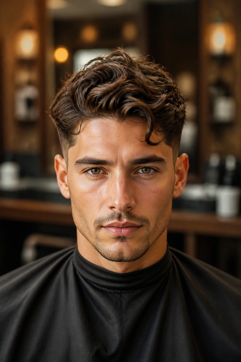 Man in barber chair with wave-friendly haircut, waves visible.