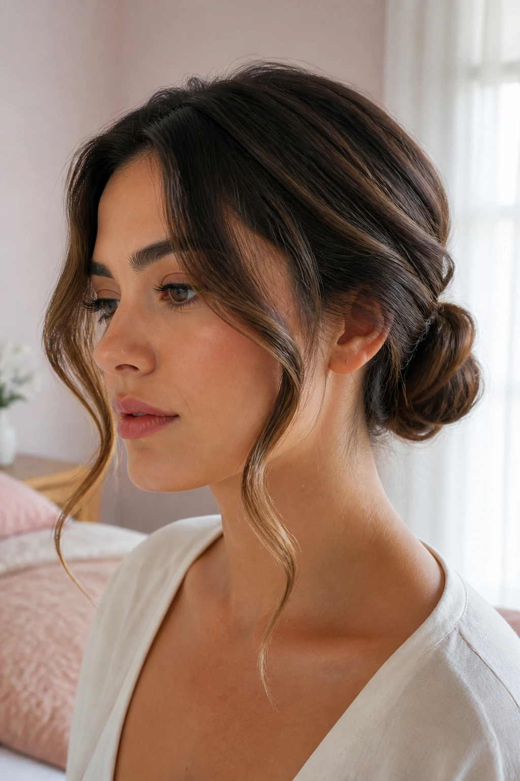 Close-up of a woman's wave-framed chignon with soft front waves in natural window light