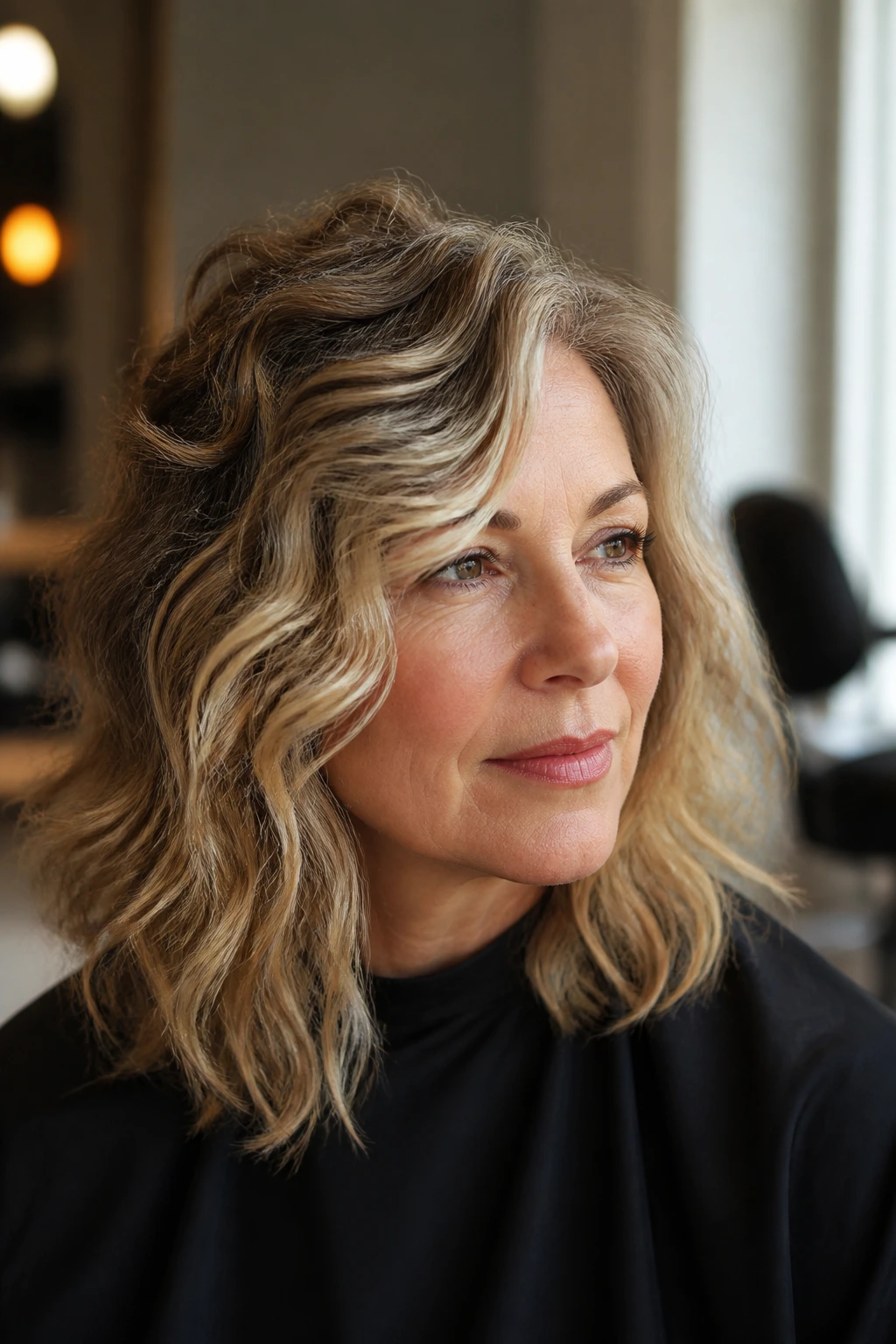 Portrait showing different wave patterns at crown and ends in wavy hair