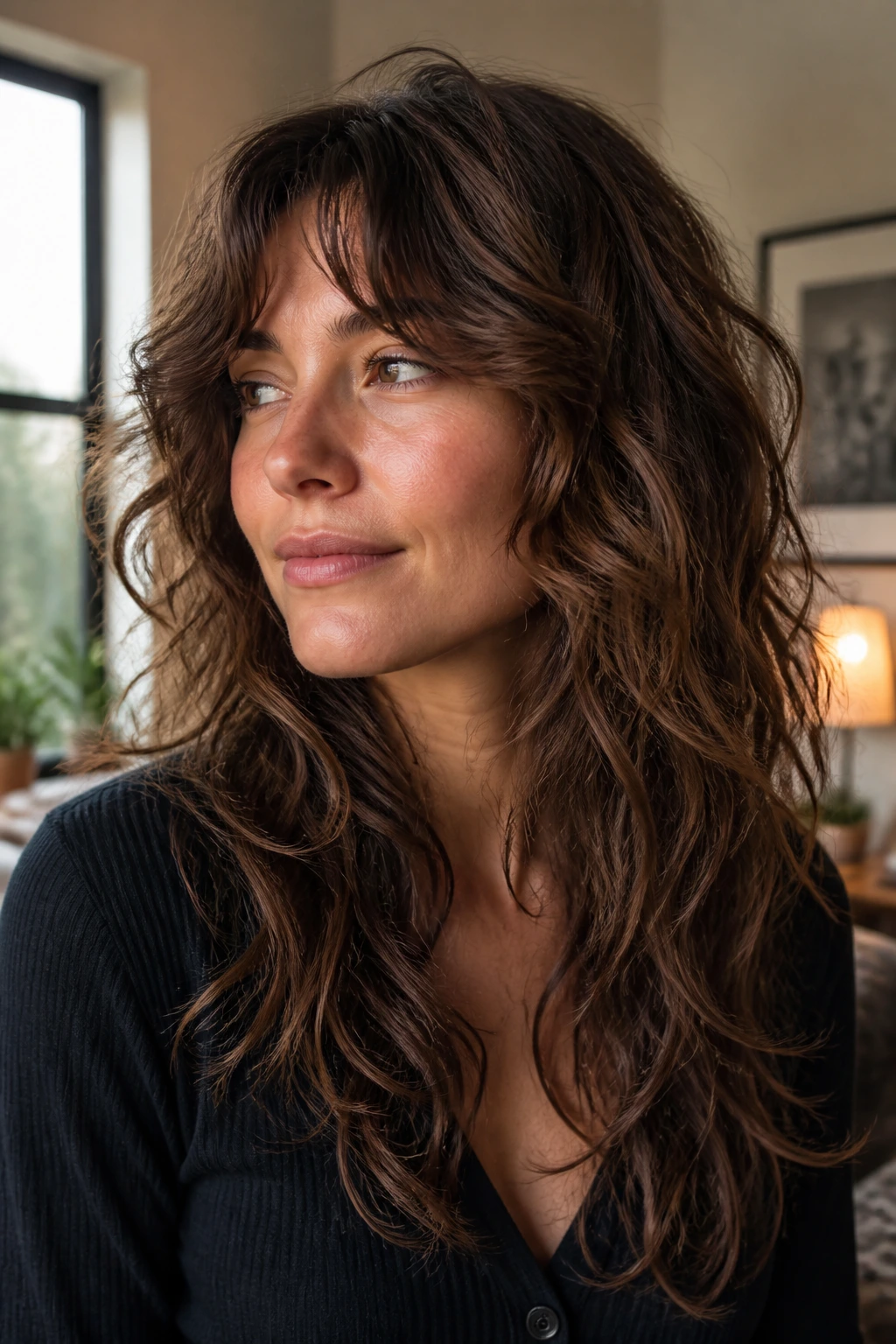 Portrait of person with distinct wave pattern and layered shag