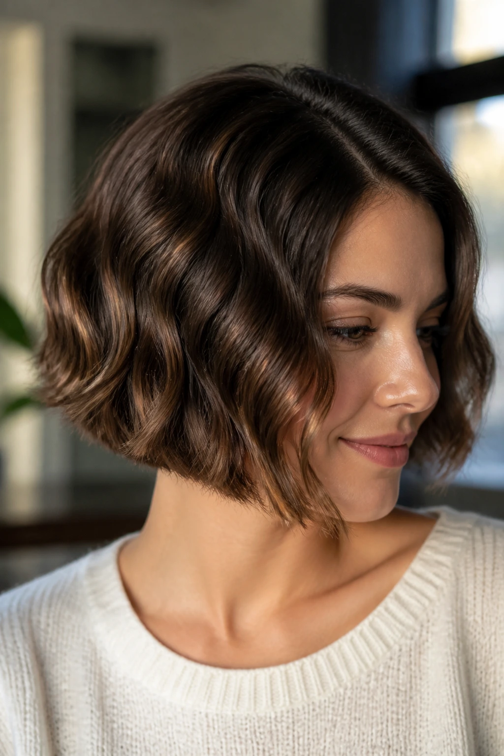 Close-up portrait of a person with a short bob showing a wave starting at the crown