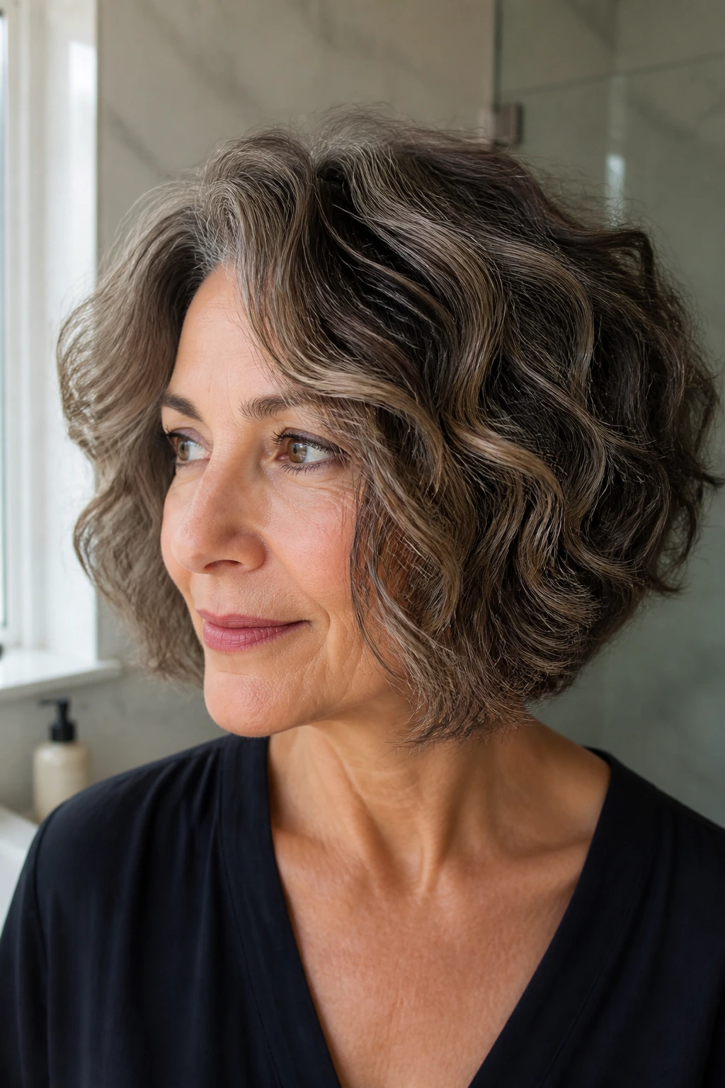 Close-up of a real woman with a thick wavy bob showing varied wave patterns under natural light