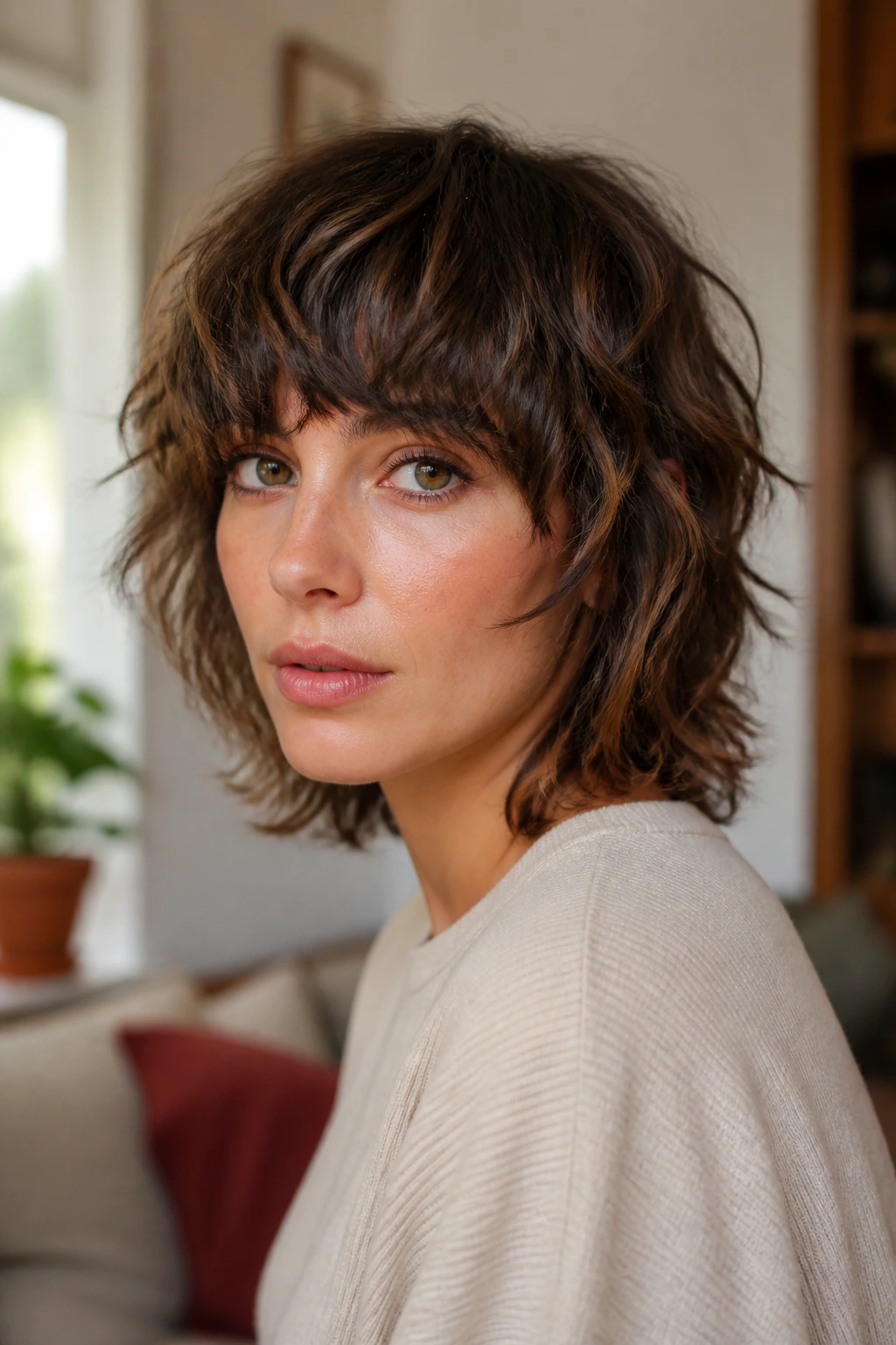 Portrait of a real woman with short shag showing varied wave textures around the face