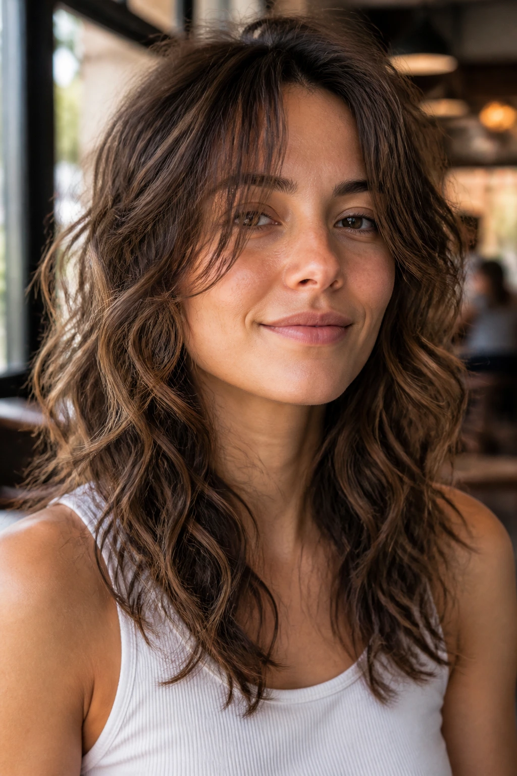 Close-up of a real woman with 2C waves and a long face frame