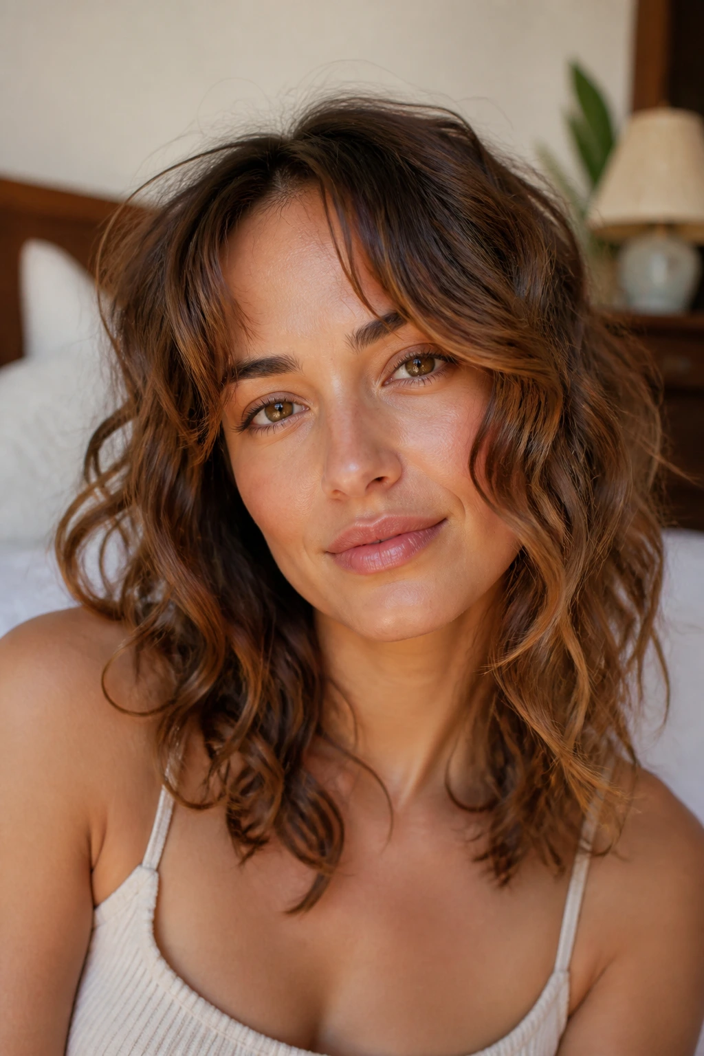 Close-up portrait of a real woman with natural waves preserved in her hair