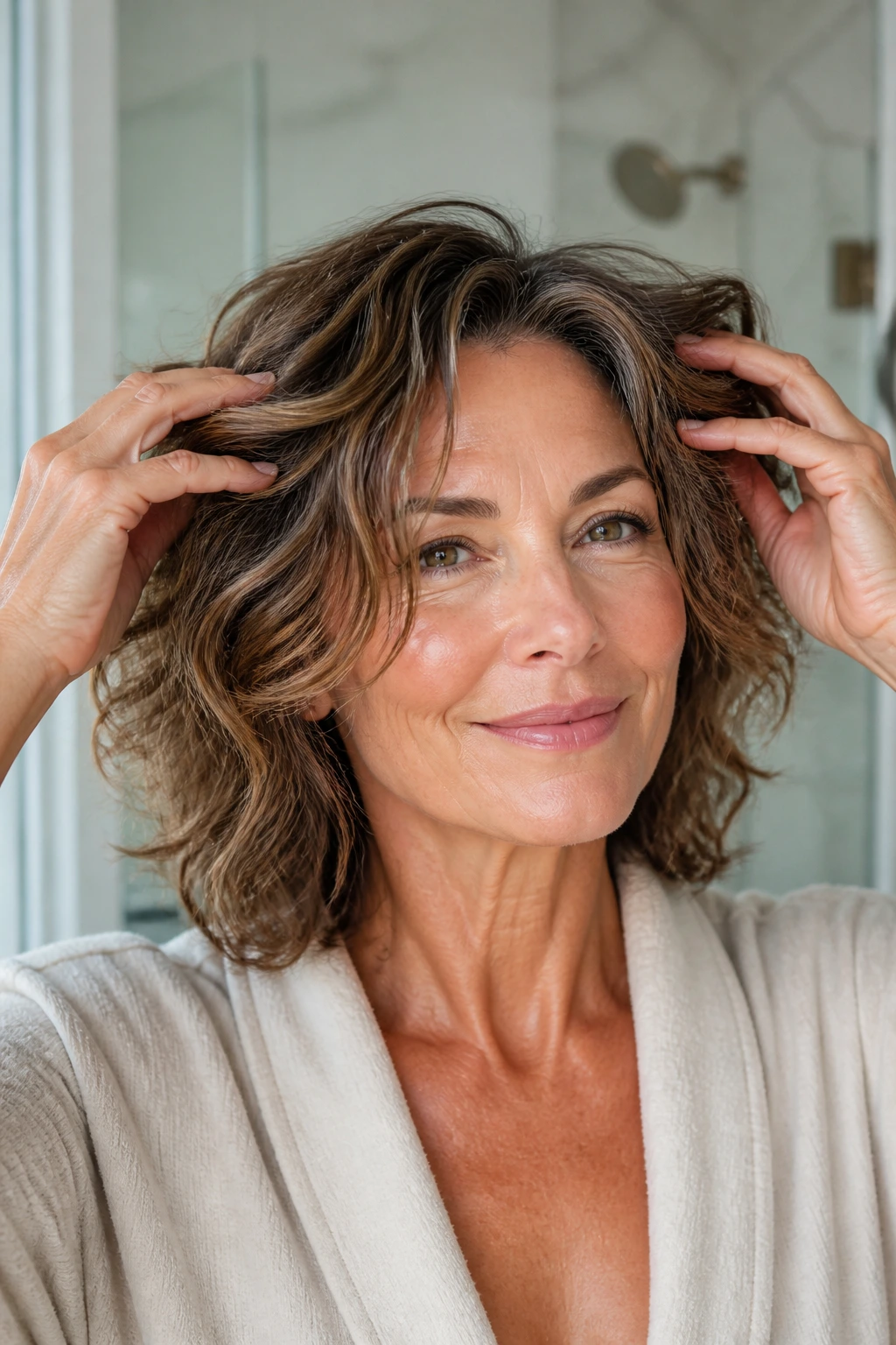 Portrait of a real woman styling her wavy hair with her hands
