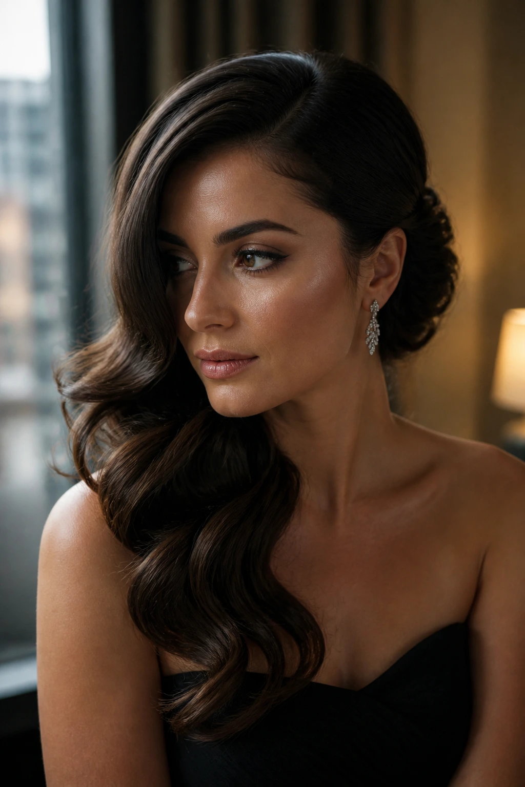 Portrait of a real woman with a dramatic side-sweep and pinned section