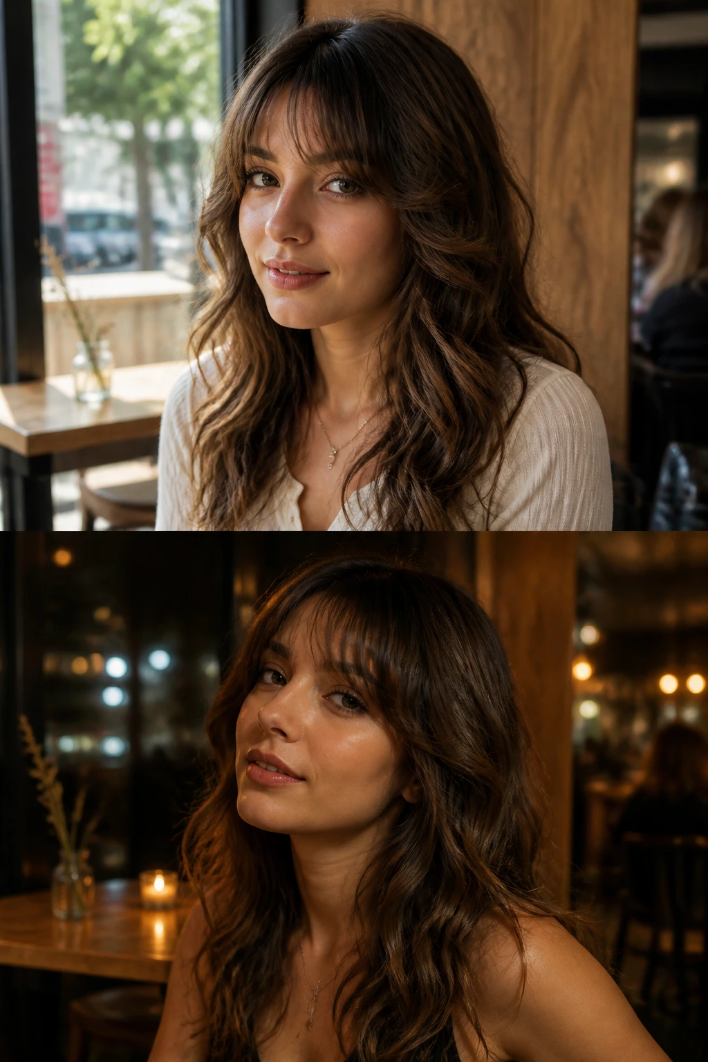 Portrait of person with waves and bangs in a cafe with day to night lighting