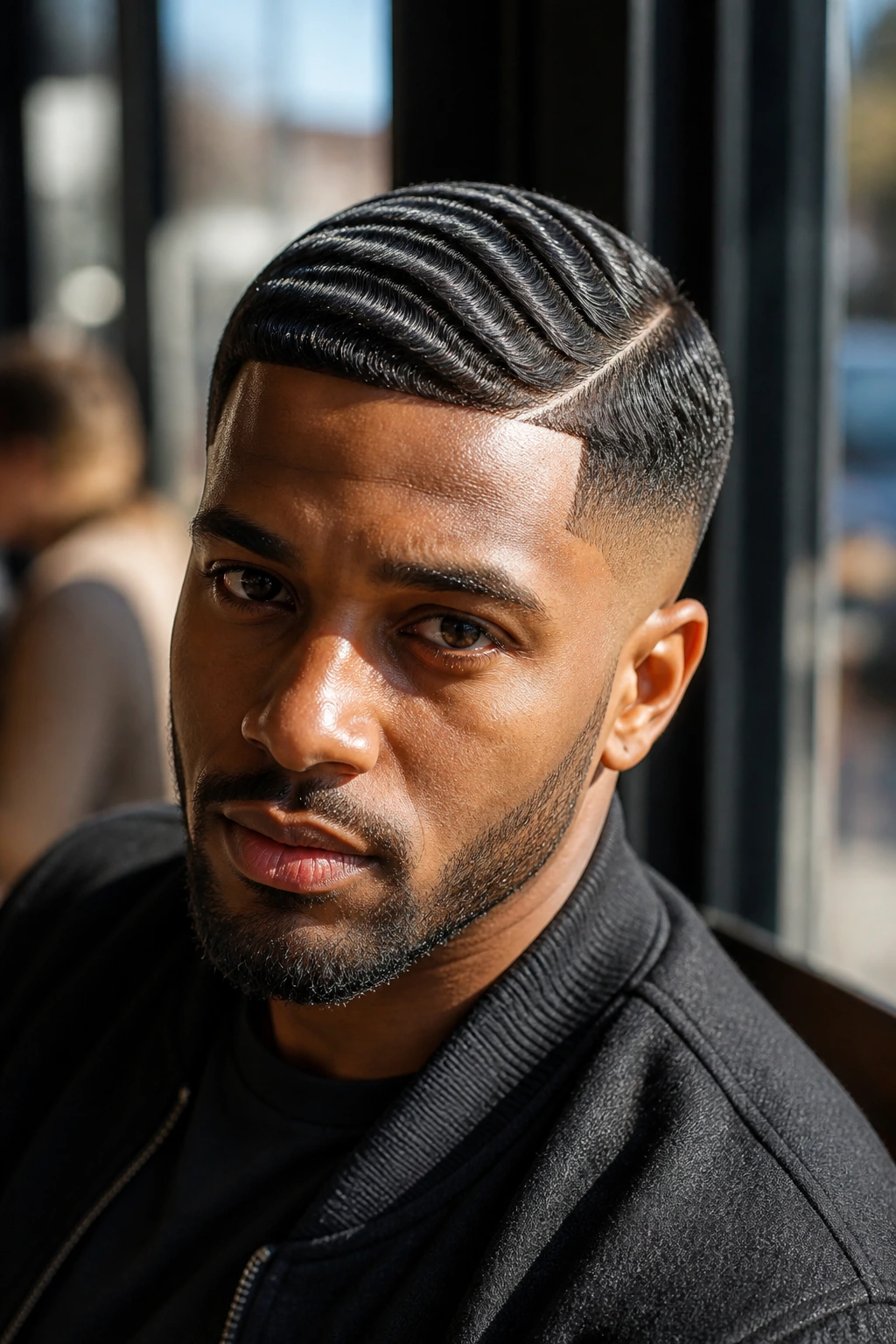 Close-up portrait of a man with waves and a defined part in a comb-over hairstyle