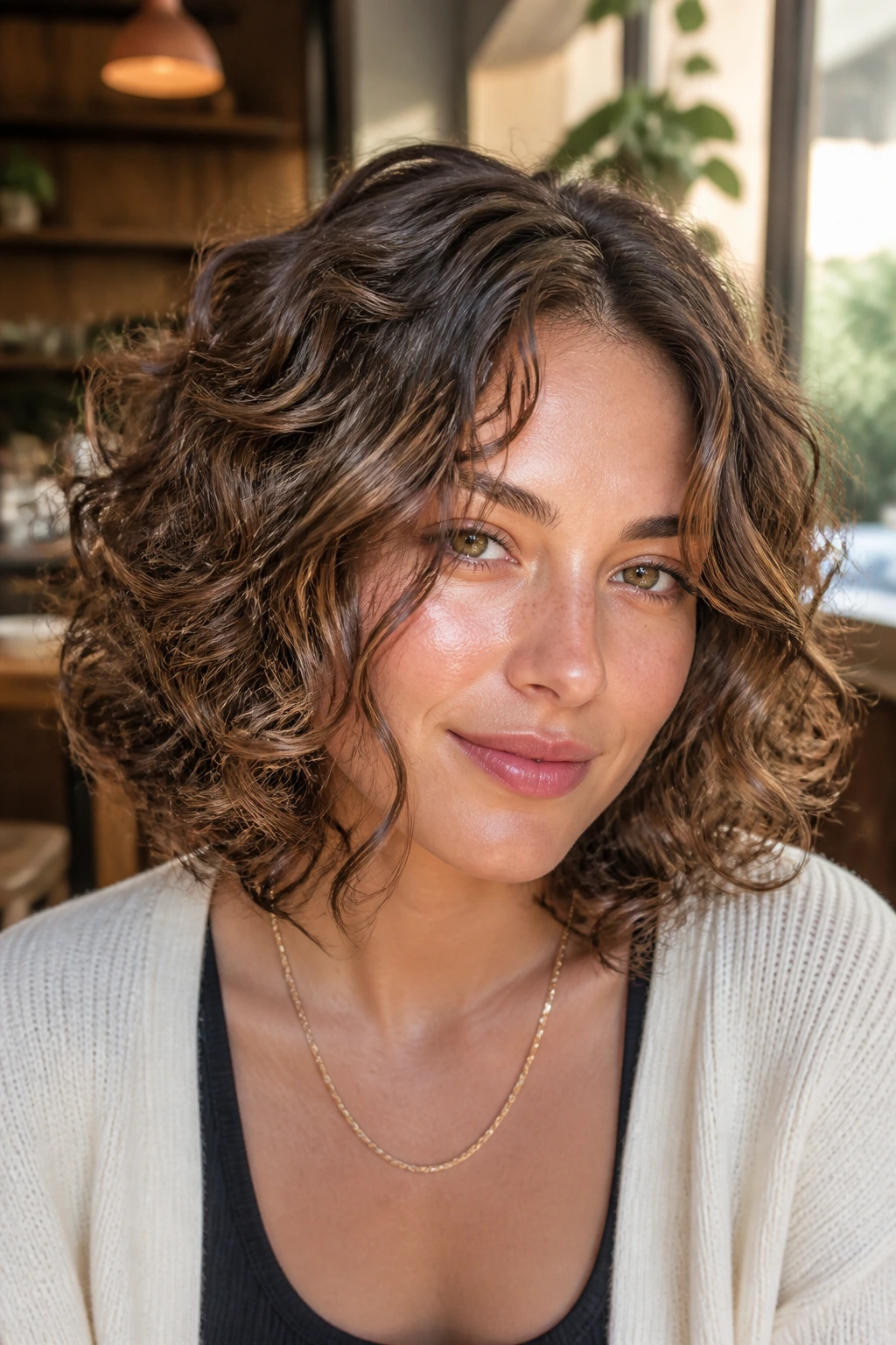 Close-up portrait of a real woman with a Wavy-Curly Hybrid Bob showing waves on top and tight curls underneath.