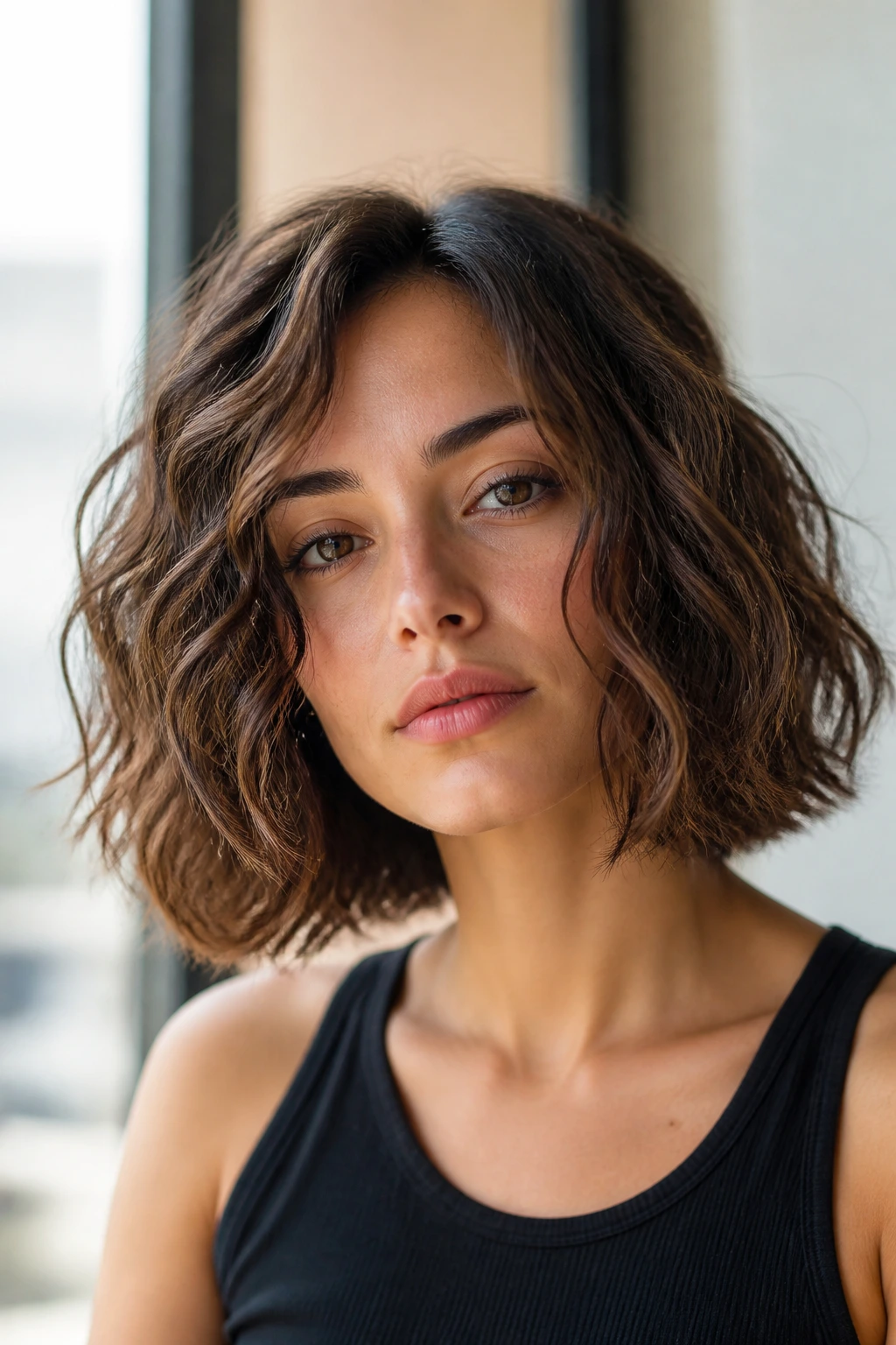 Close-up of a real person with a shoulder-skimming wavy bob