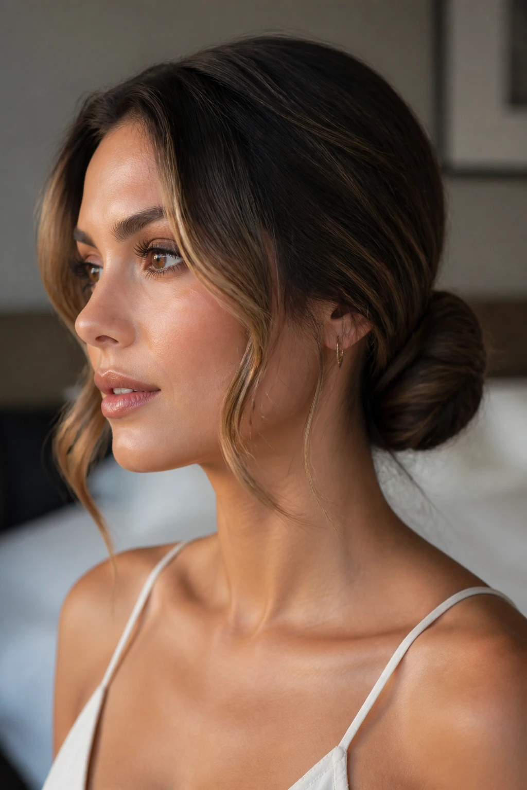 Close-up of a real woman with waved face-frame pieces and a low bun at the nape