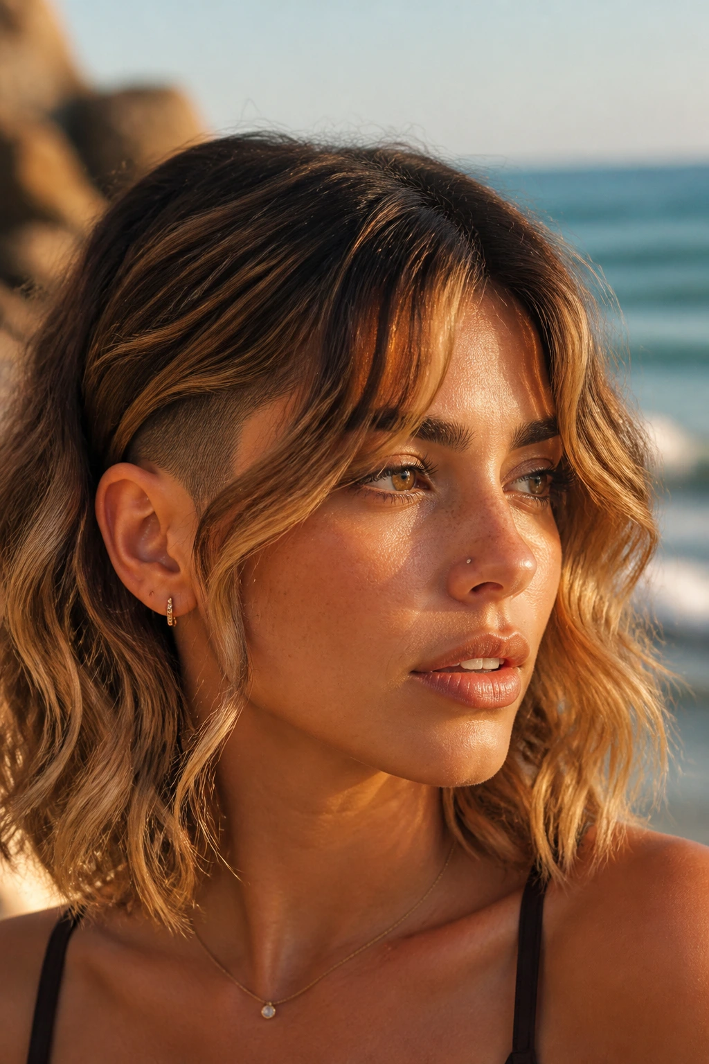 Close-up portrait of a real woman with beachy waves, mid fade, and curtain bangs on a beach at golden hour