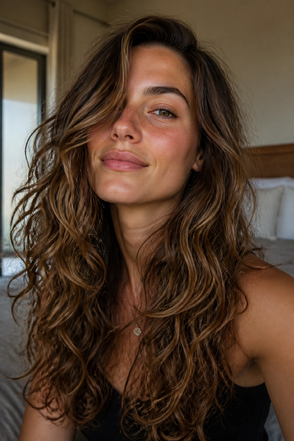 Close-up of a real person with long wavy hair showing fresh, weighty ends