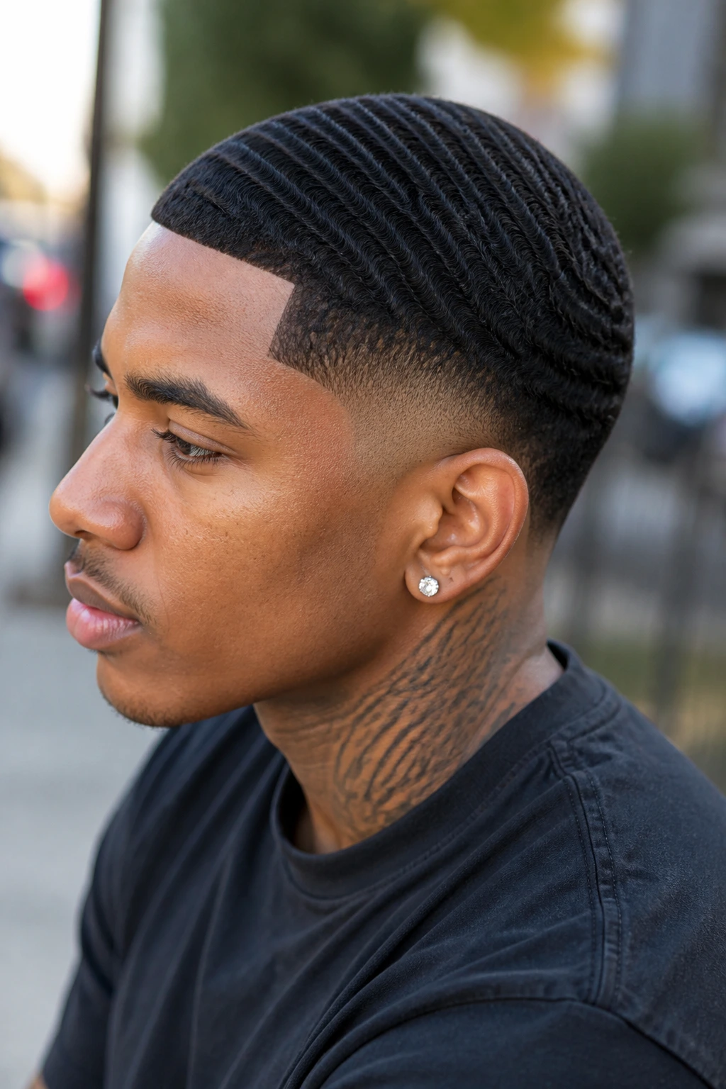 Man with waves, line-up, and taper fade in portrait
