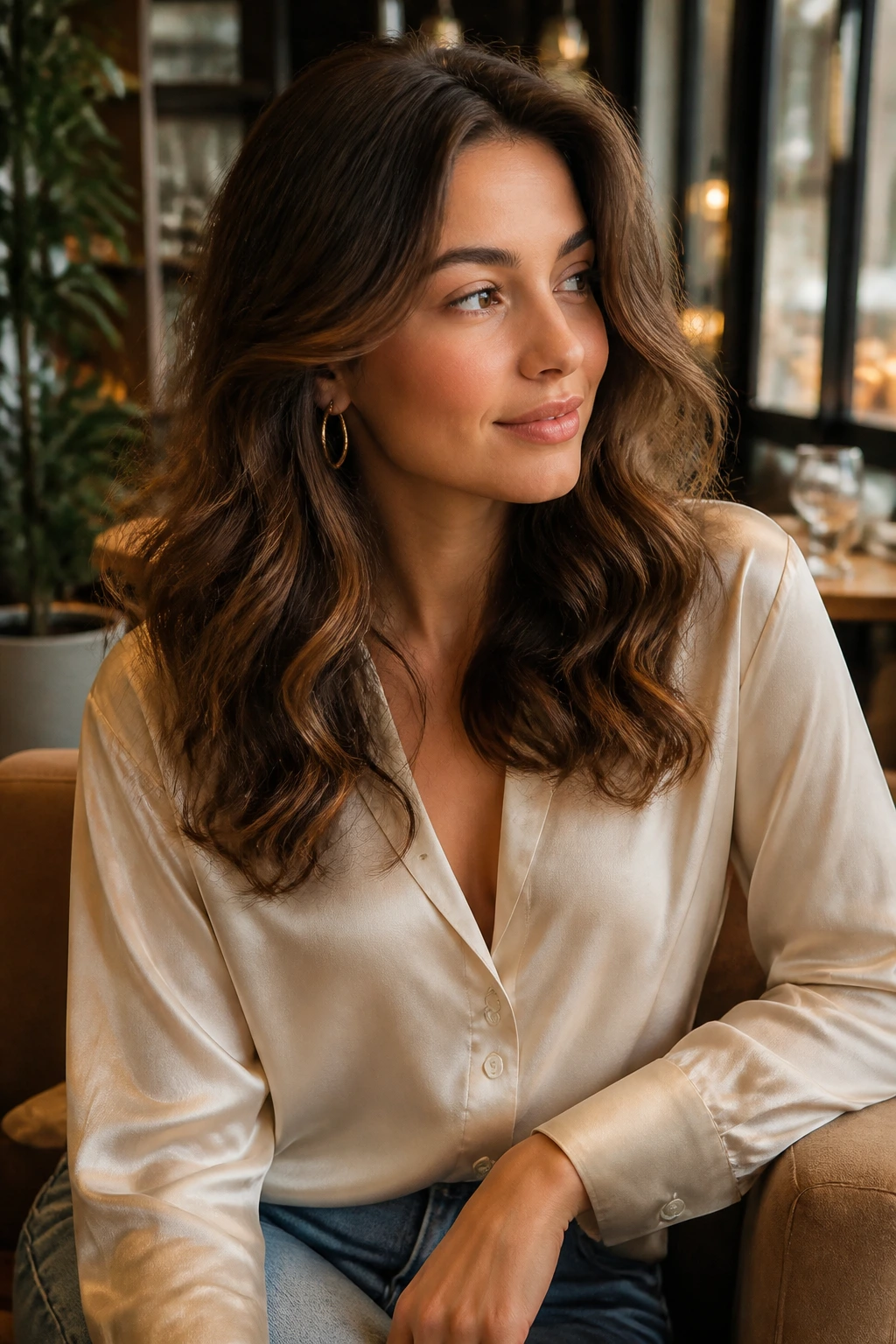 Portrait of a woman with waves wearing stylish outfit and accessory