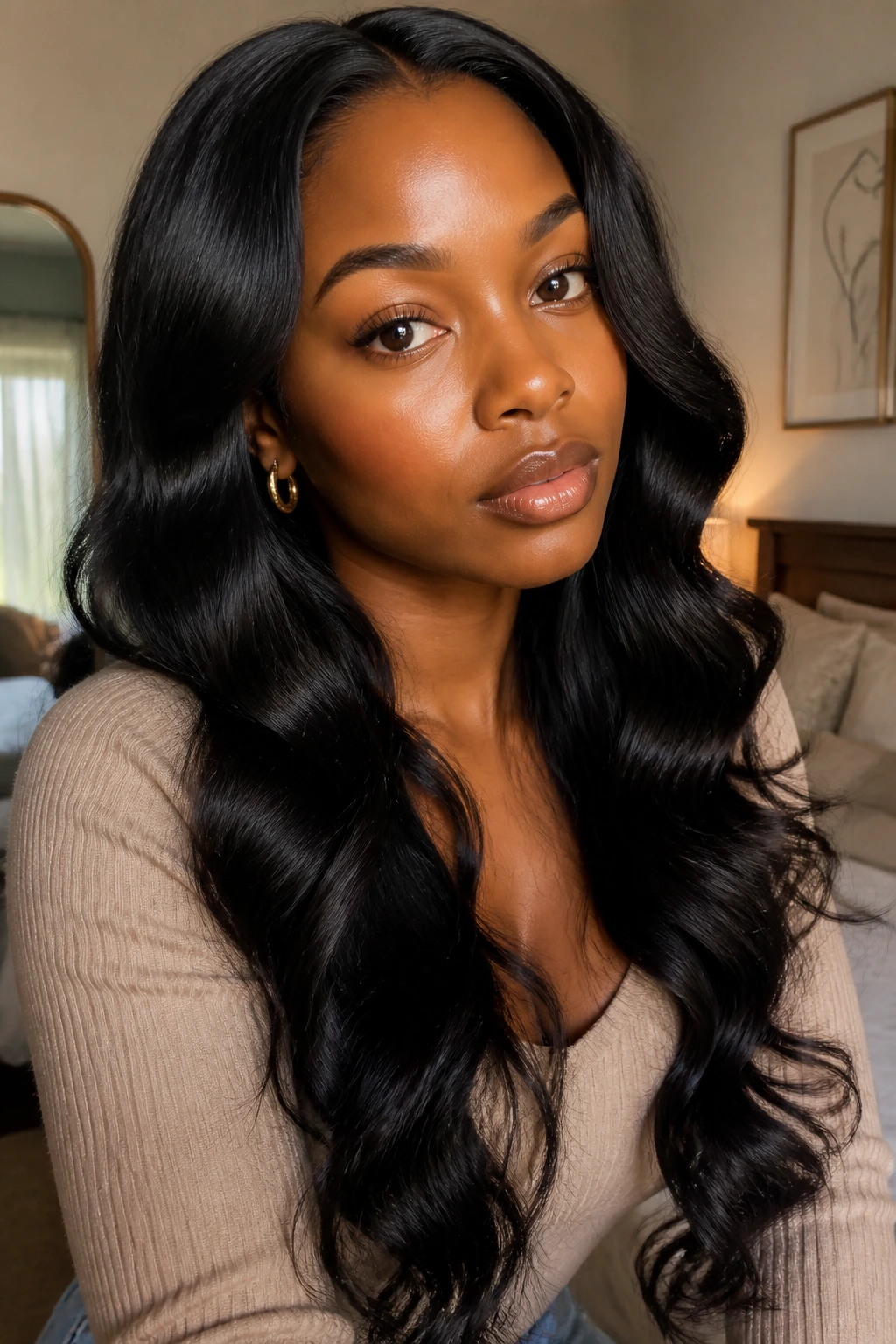 Close-up of a real Black woman with long wavy hair framing her face.