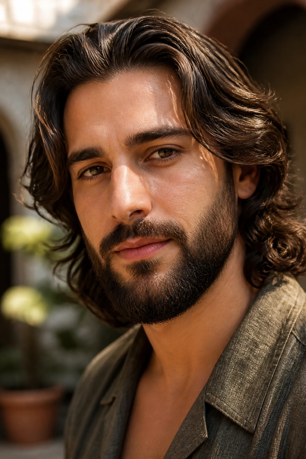 Close-up of a person with shoulder-length waves and rounded beard in sunlit courtyard