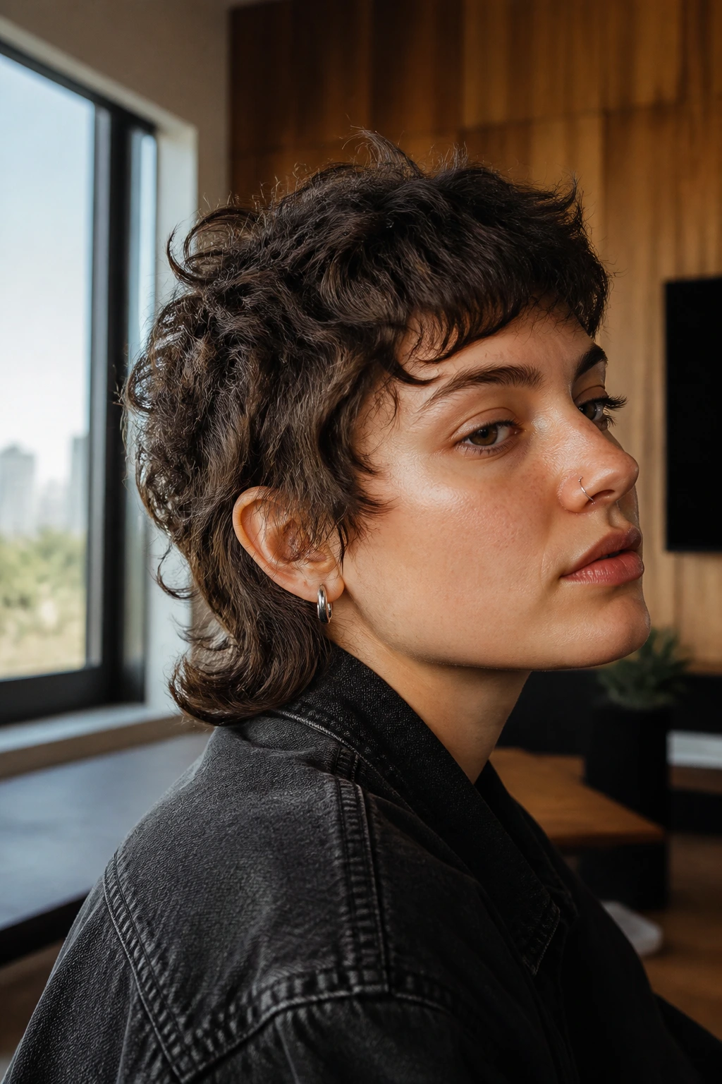 Portrait of a real person with a short mullet influenced by waves in a warm living room
