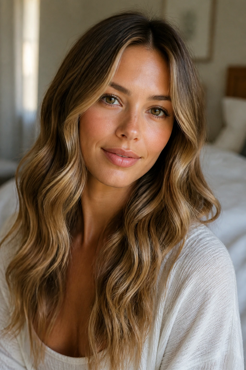 Close-up portrait of a woman with soft waves on straight hair by a window in a cozy bedroom