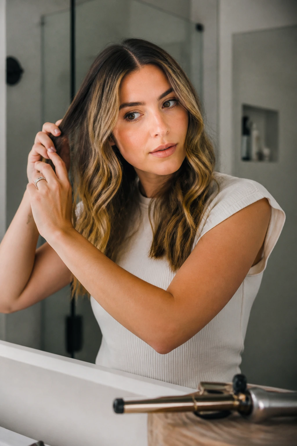 Portrait of a woman styling hair to enhance waves in a bathroom setting