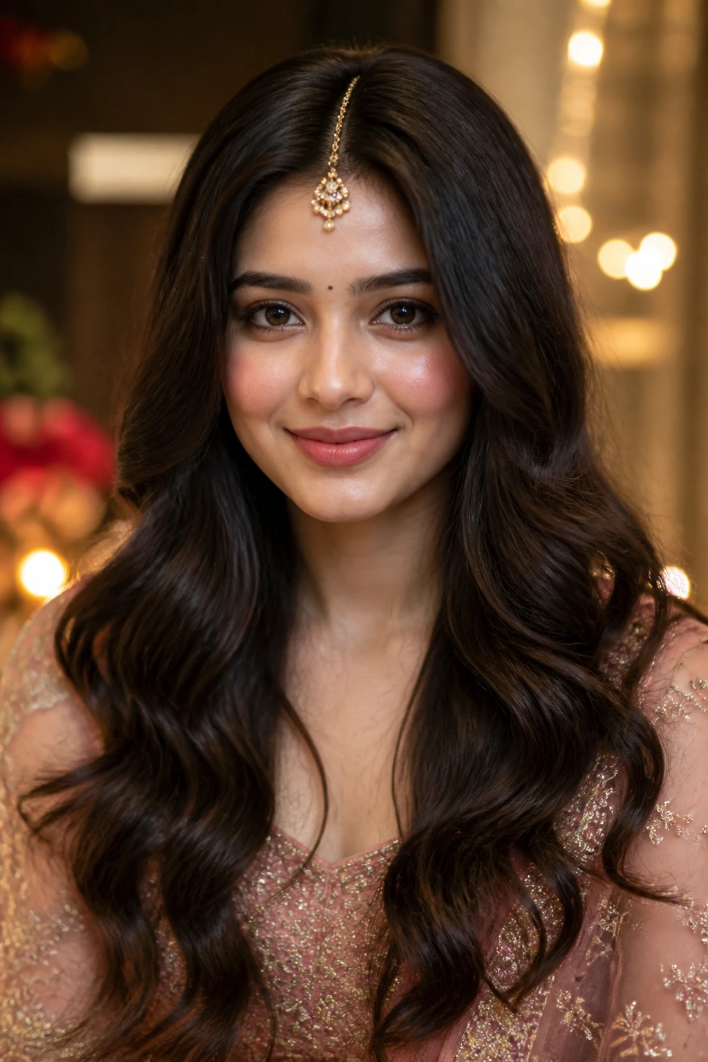 Close-up of a woman with open waves and a small maang tikka on the part