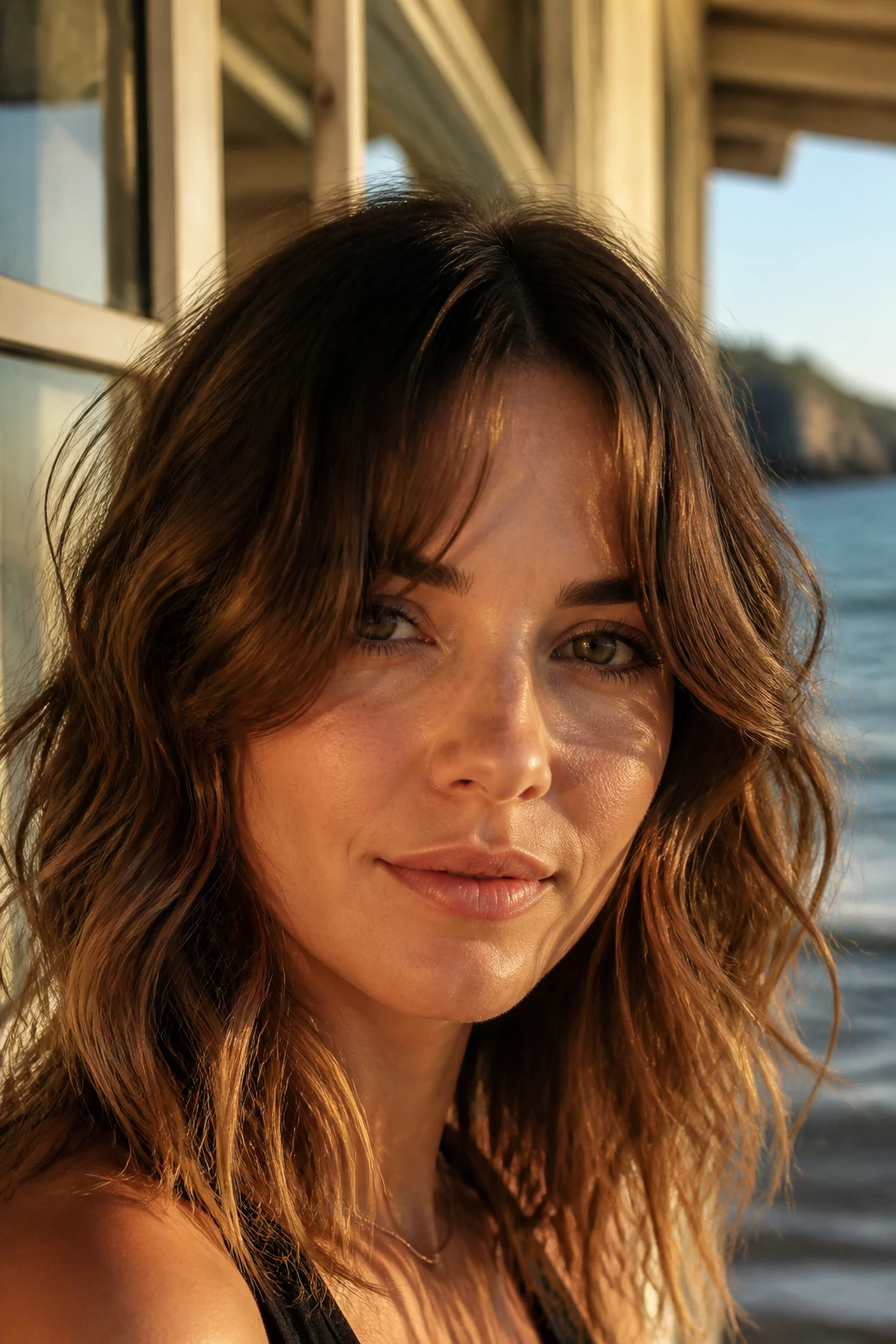 Close-up portrait of a real woman with wavy air-dry curtain bangs in sunlight