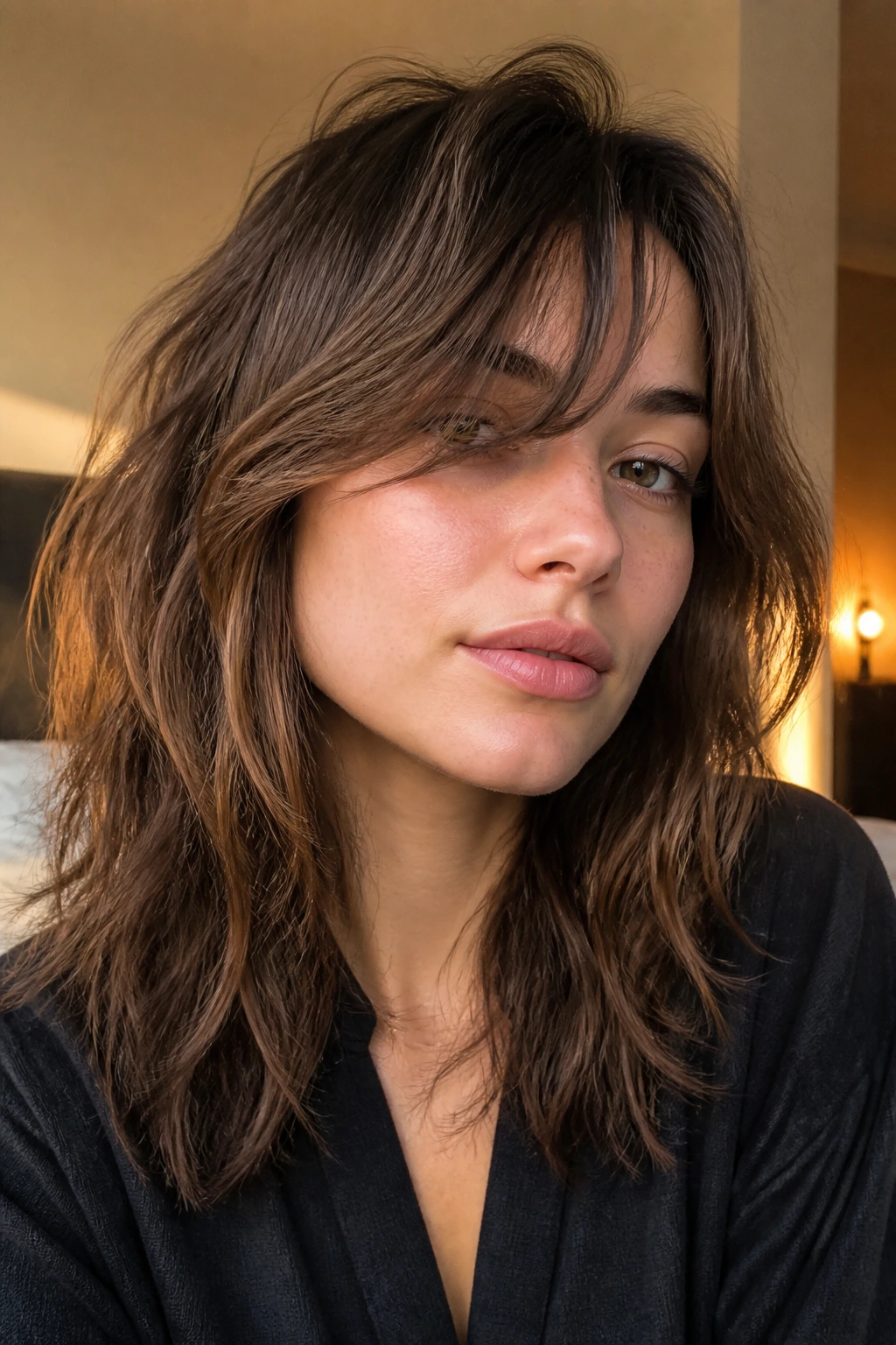 Close-up portrait of a real person with a wavy air-dry fringe.