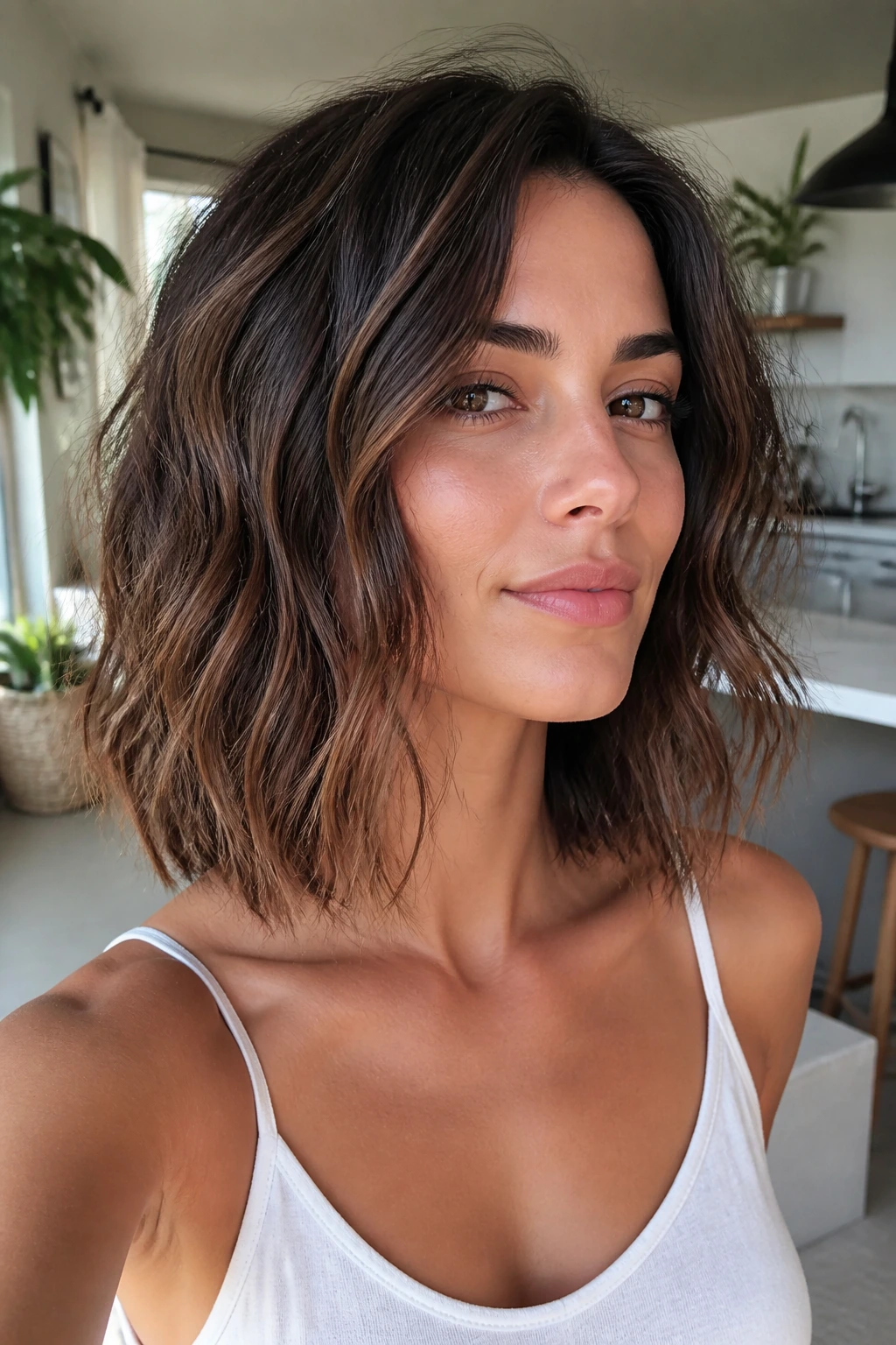Close-up of a real woman with a Wavy Air-Dry Lob featuring natural waves