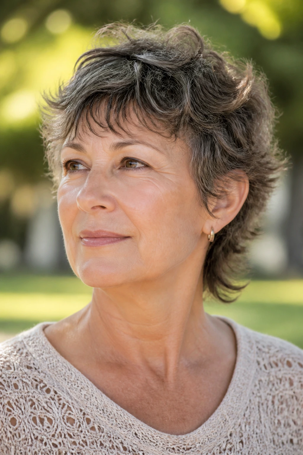 Close-up portrait of a real woman with wavy air-dry pixie mullet in natural sunlight