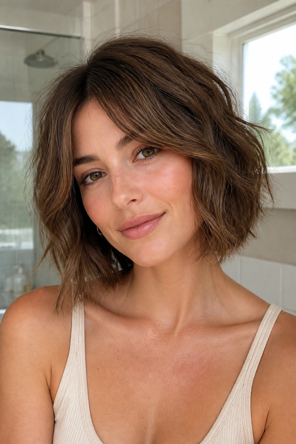 Portrait of real woman with wavy air-dry shag bob in a bright bathroom