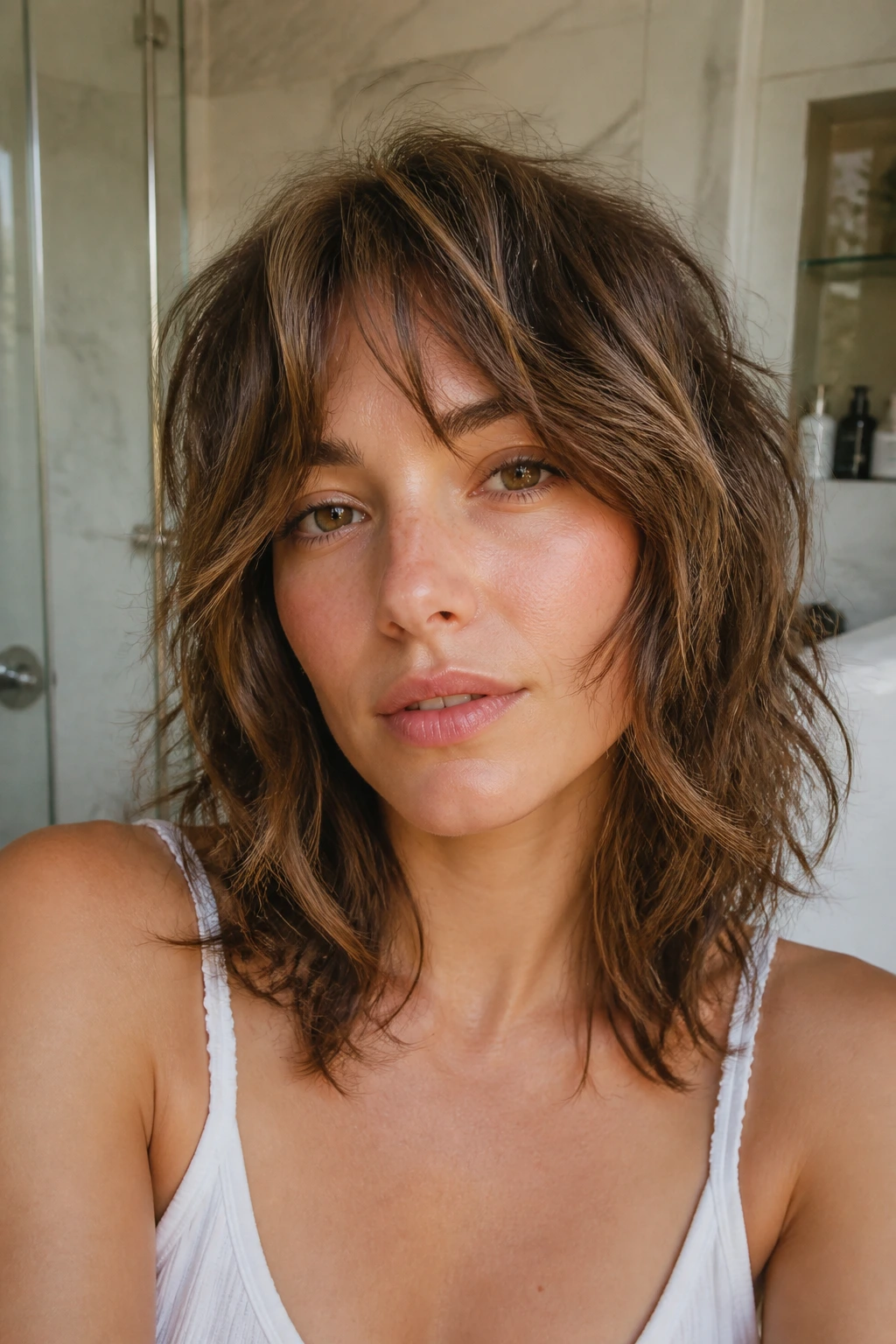 Close-up of a real woman with natural wavy air-dry shag in morning light