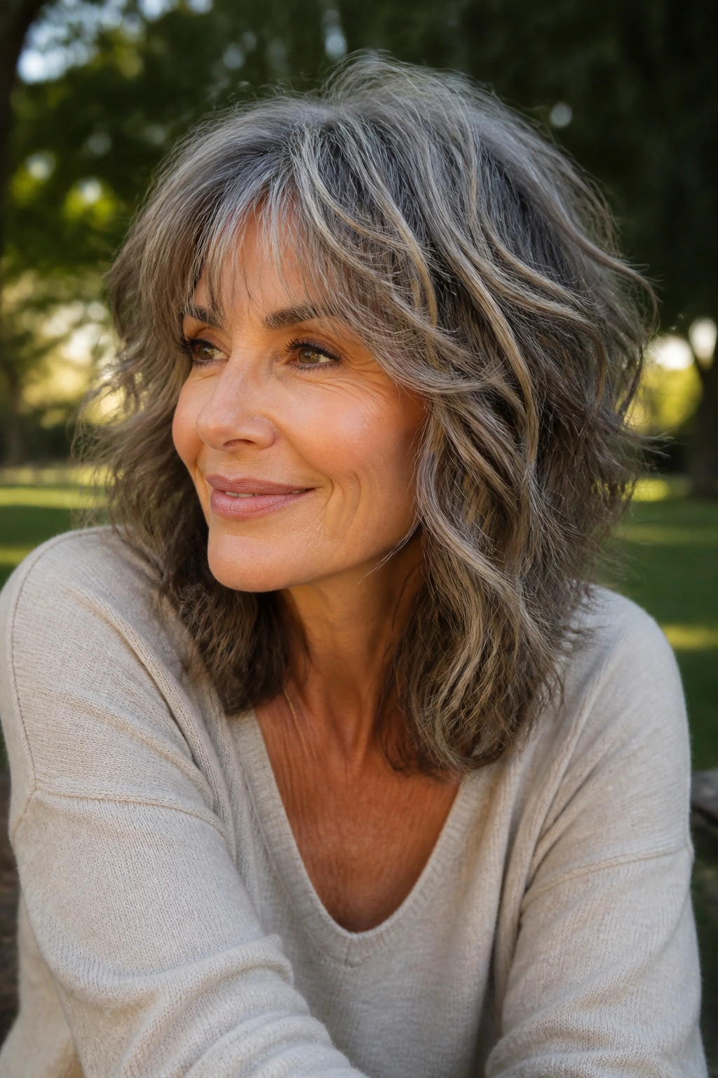 Real woman with wavy air-dry shag captured outdoors in golden hour light.