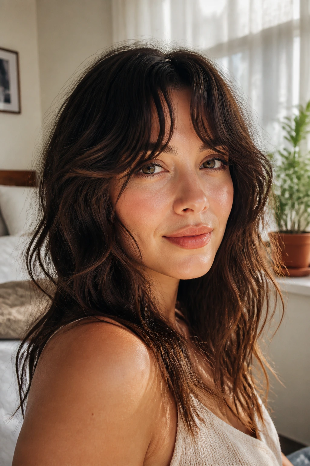 Close-up of a real woman with wavy bottleneck bangs framing her eyes in natural light