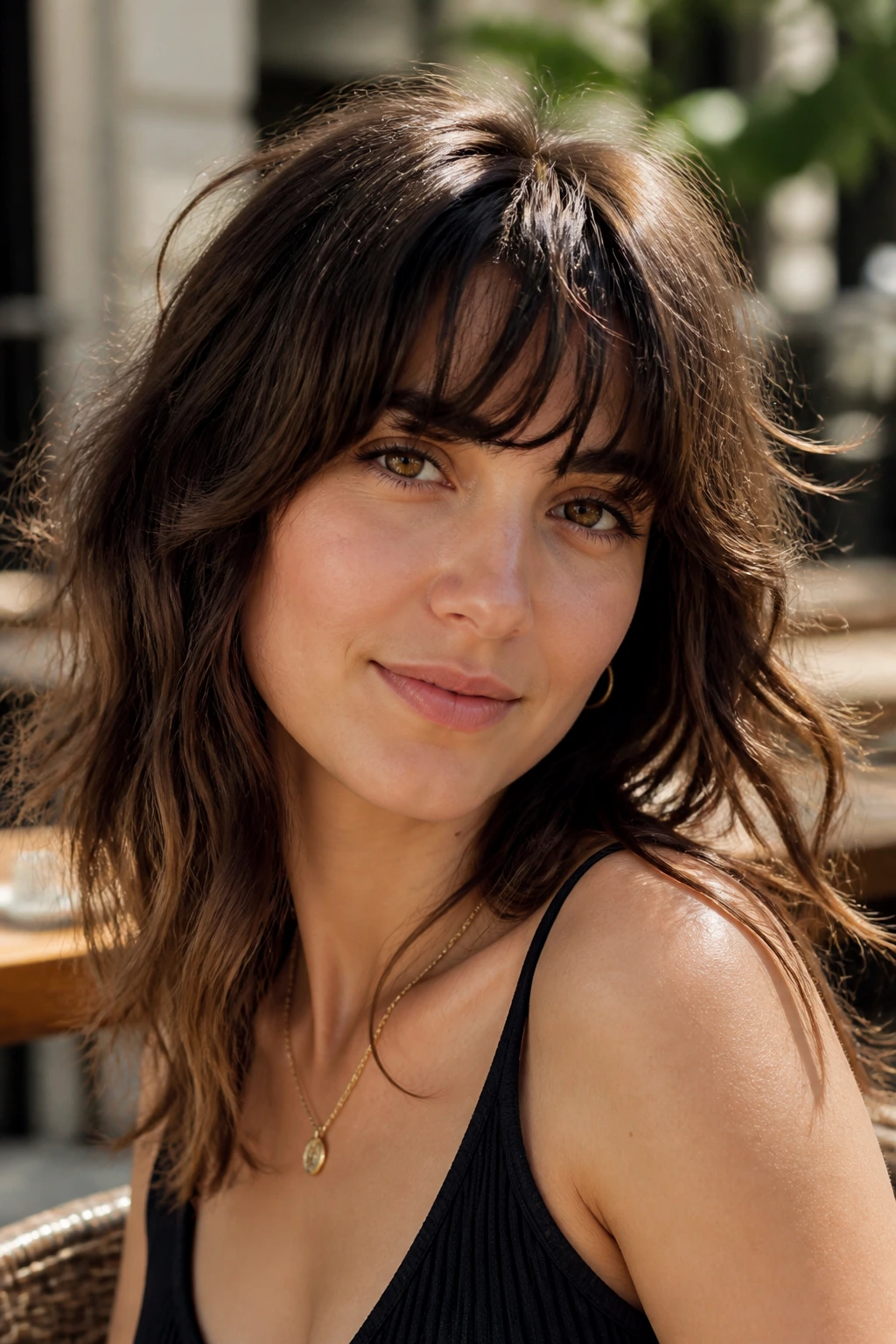 Close-up of a real woman with wavy bangs following her natural bend
