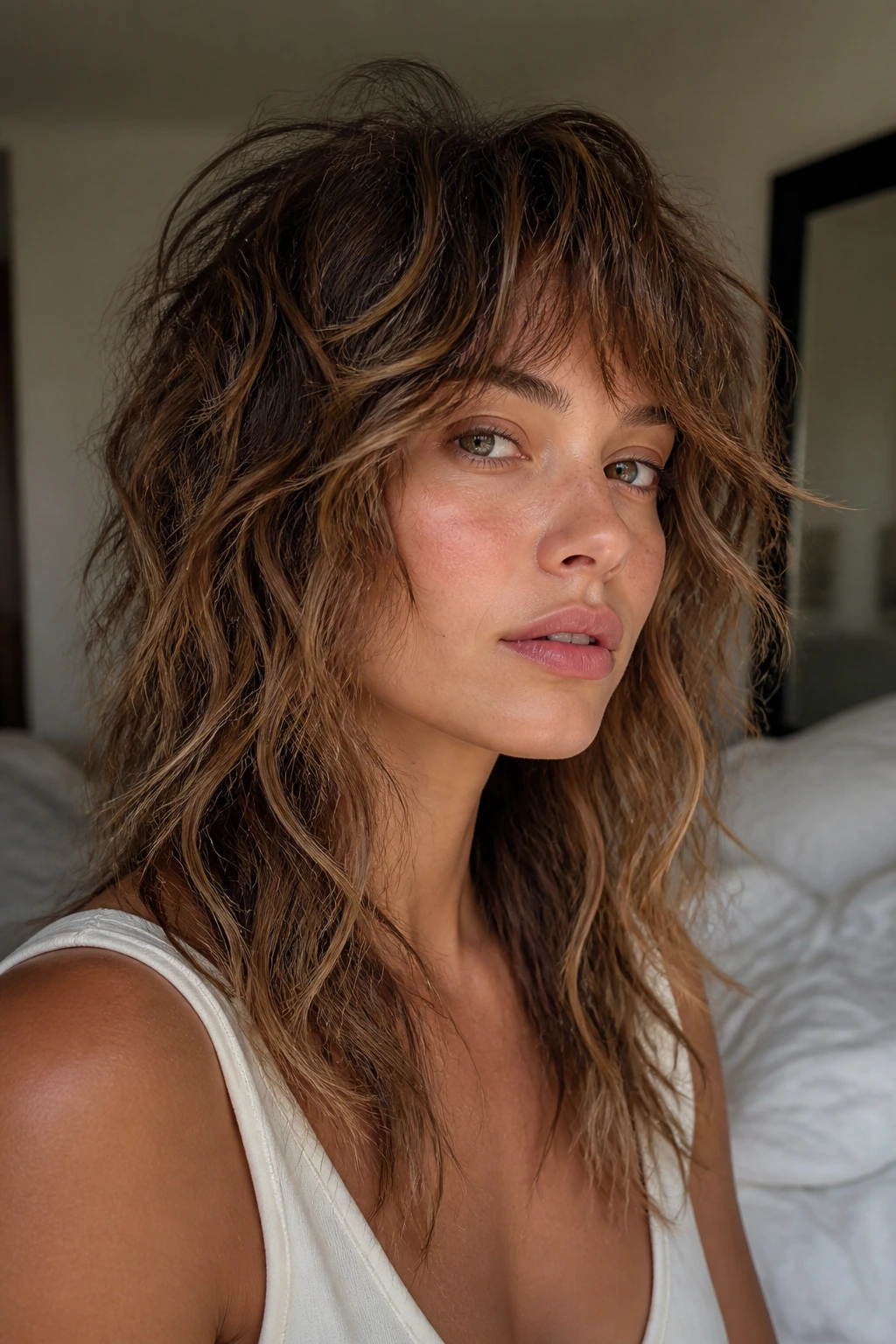 Close-up portrait of a real person with loose waves starting at crown for bedhead shag