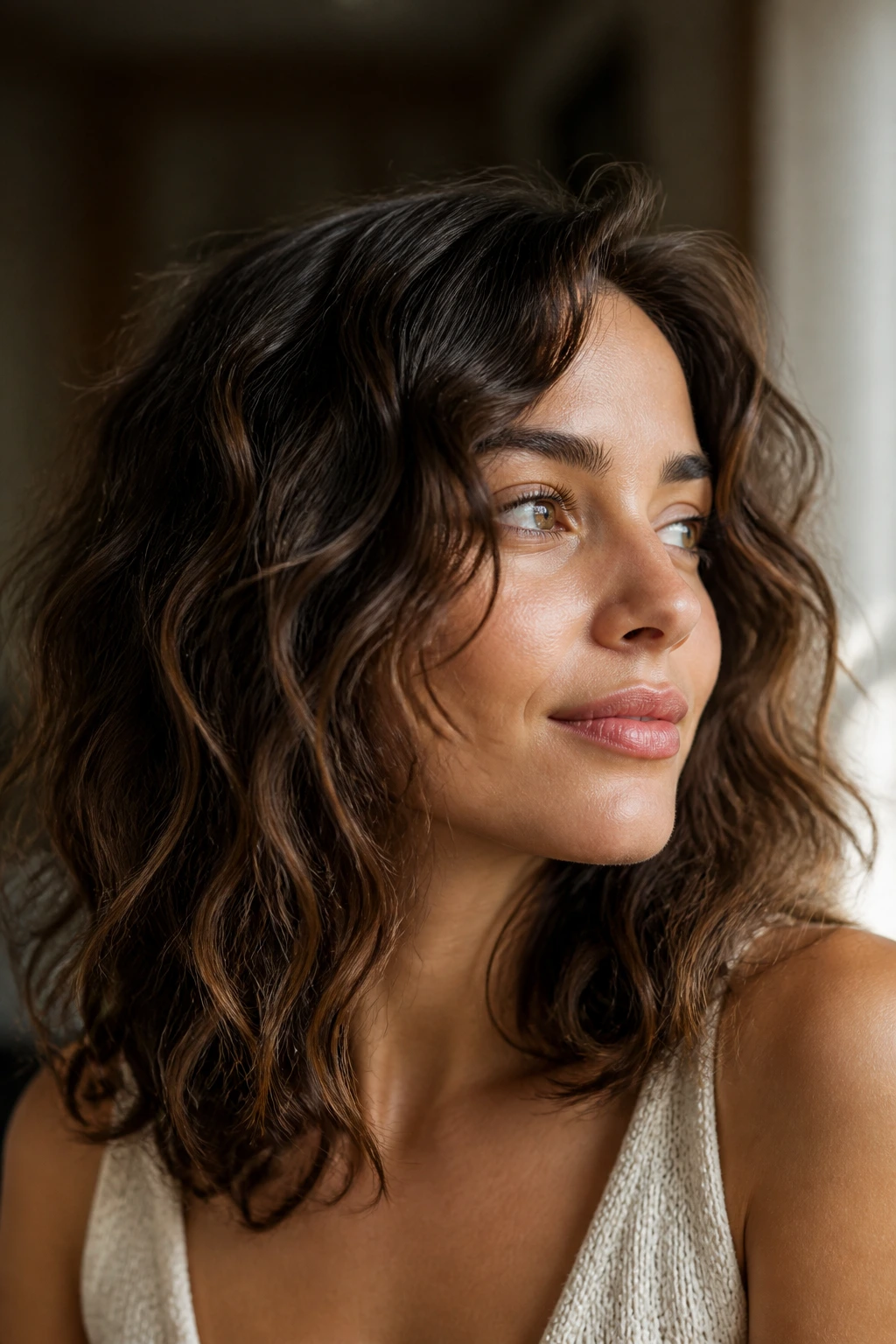 Close-up portrait of a real woman with wavy hair bending naturally around the face