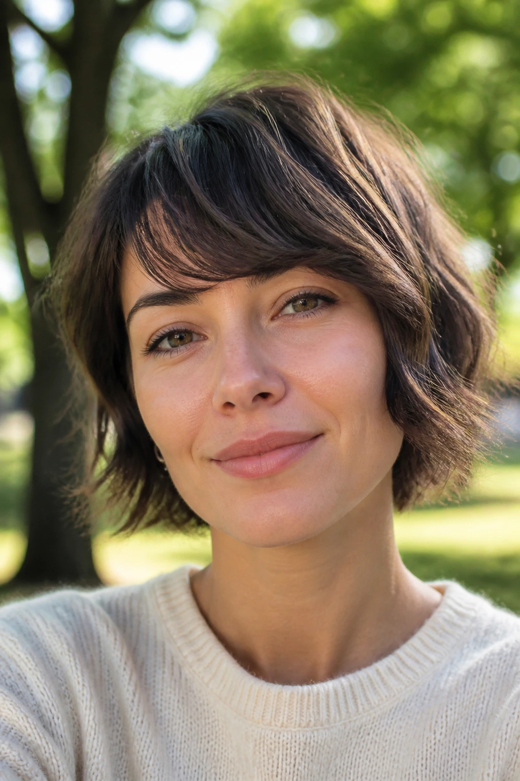 Real woman with wavy bend fringe cascading along the face, outdoors.