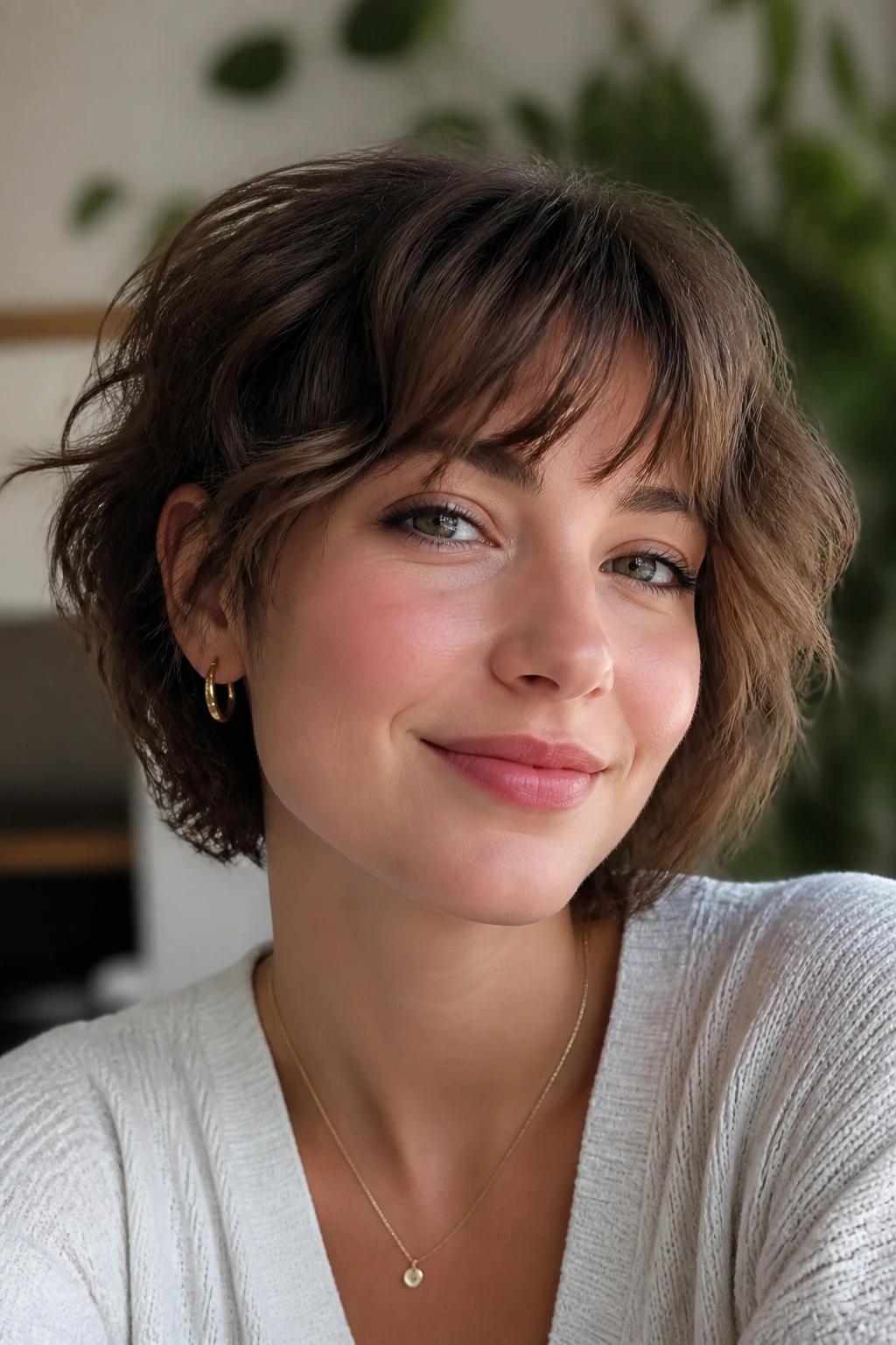 Real person with a wavy bixie butterfly cut and wispy fringe