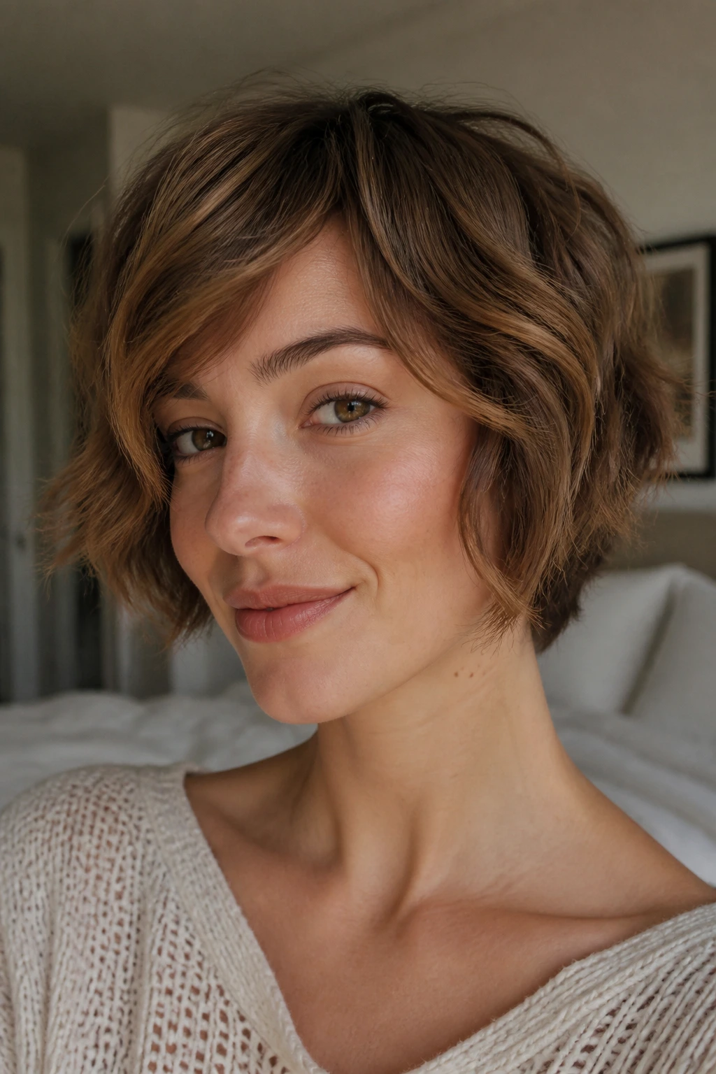 Close-up of a real woman with a wavy bixie haircut, cheekbone-length waves.