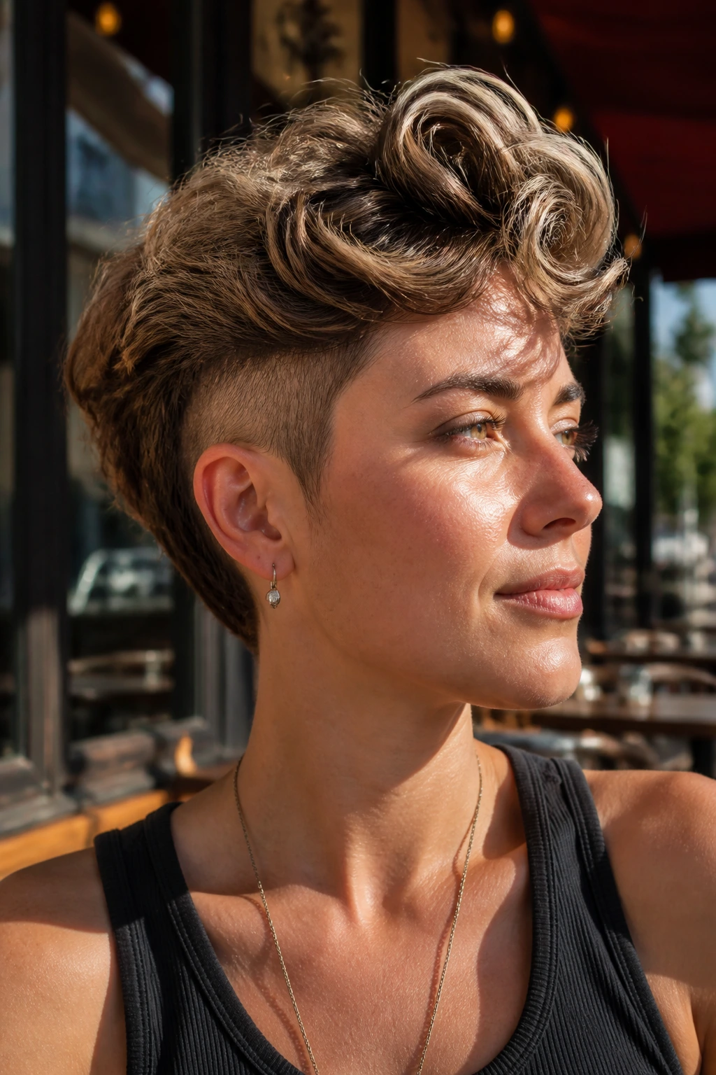 Close-up of a real woman with a wavy bixie and lifted crown in warm sunlight