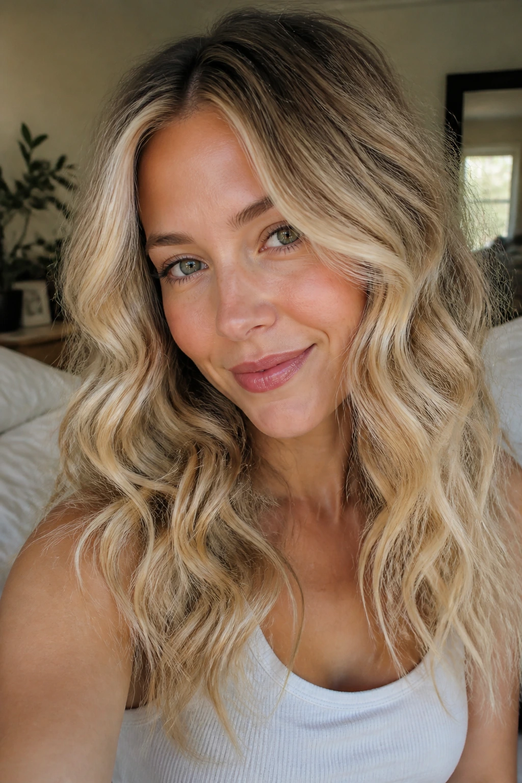 Close-up portrait of a real woman with wavy blonde hair in natural window light