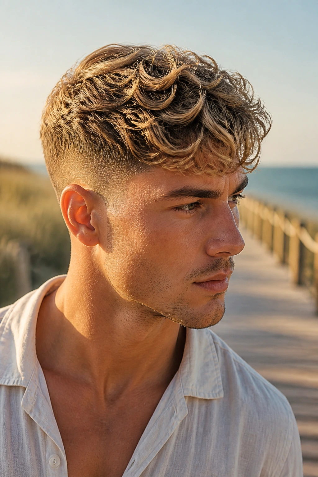 Close-up of a real man with wavy blonde hair and a taper fade on the boardwalk